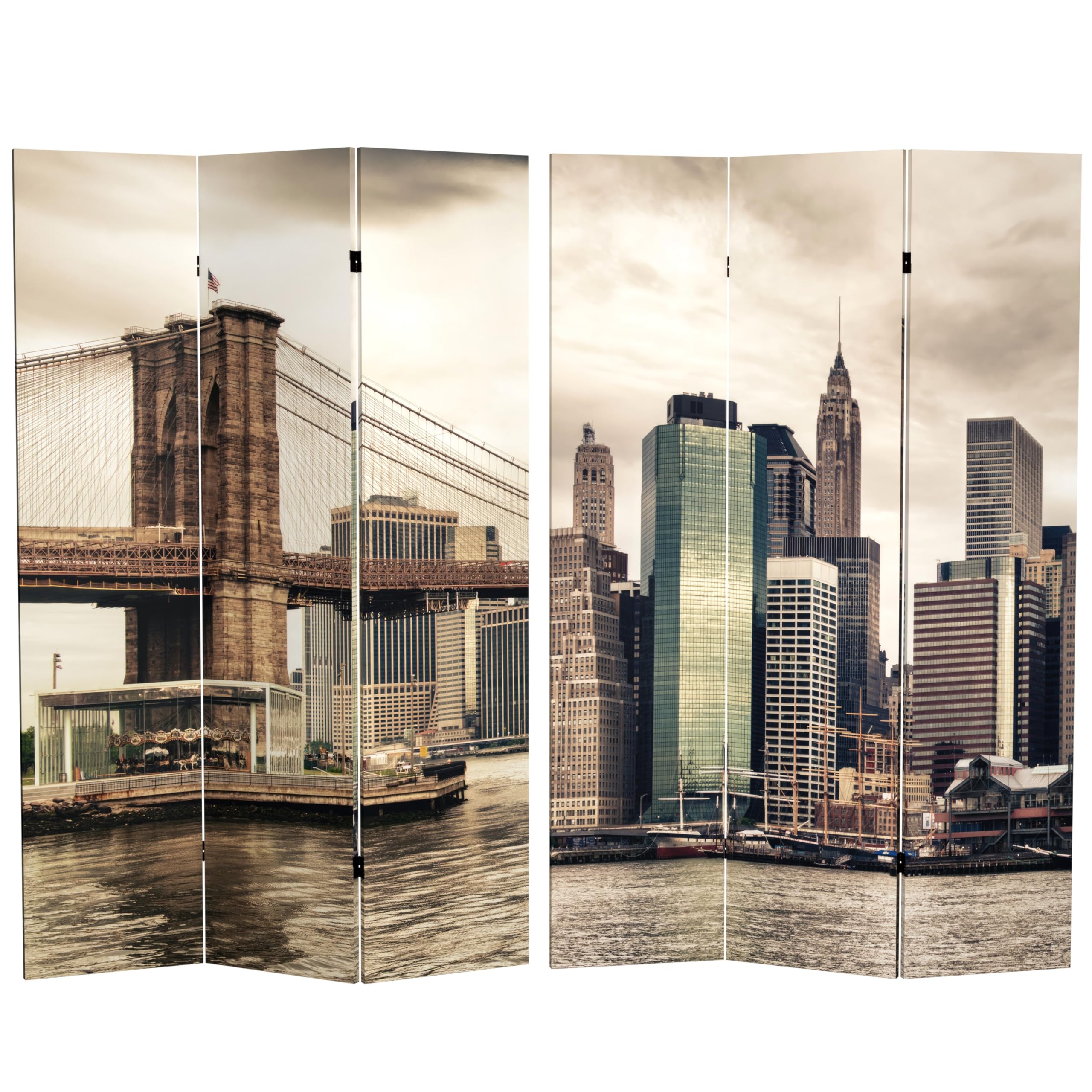 6 ft. Tall Double Sided Red Lantern New York River Canvas Room Divider - Grey Folding Screen for Home Office, Living Room & Event Decor