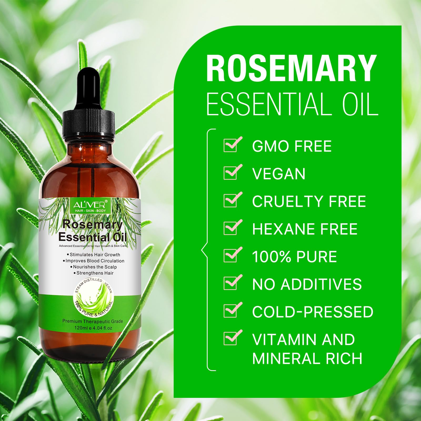Rosemary Oil for Hair Growth & Scalp Care - 120ml Hair Treatment with Massage Comb, Reduces Hair Loss & Stimulates Growth, Nourishes Scalp - Perfect for Daily Hair Care & Thinning Hair Solutions