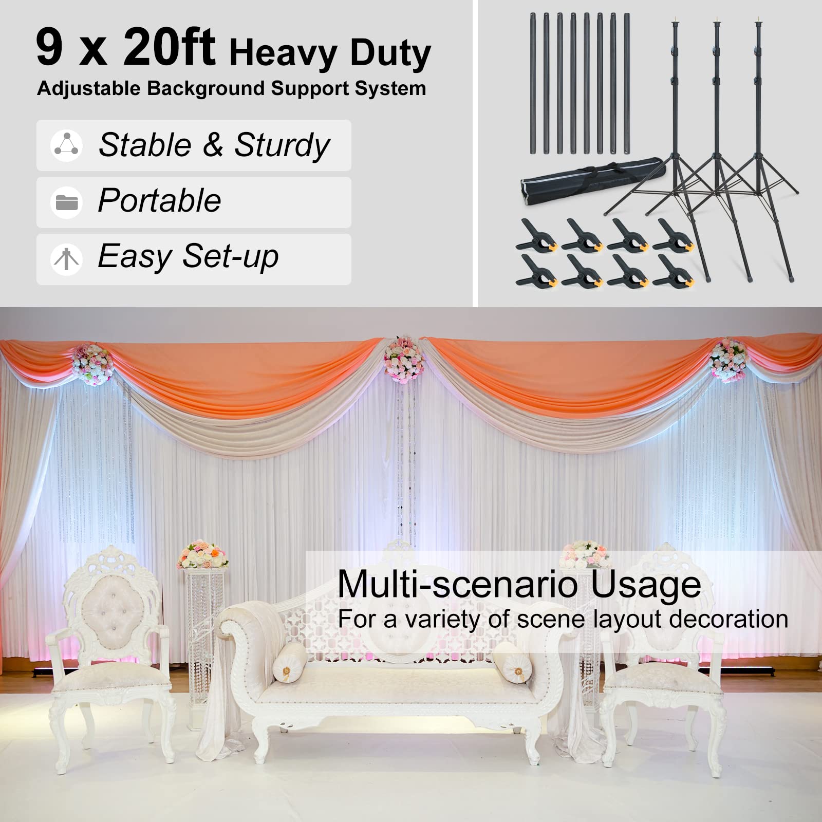 LINCO 9x20 ft Heavy Duty Backdrop Stand Kit - Professional Photography & Video Studio Background for Wedding, Party, Event - Perfect for Photo Shoots, YouTube Videos, and Live Streaming