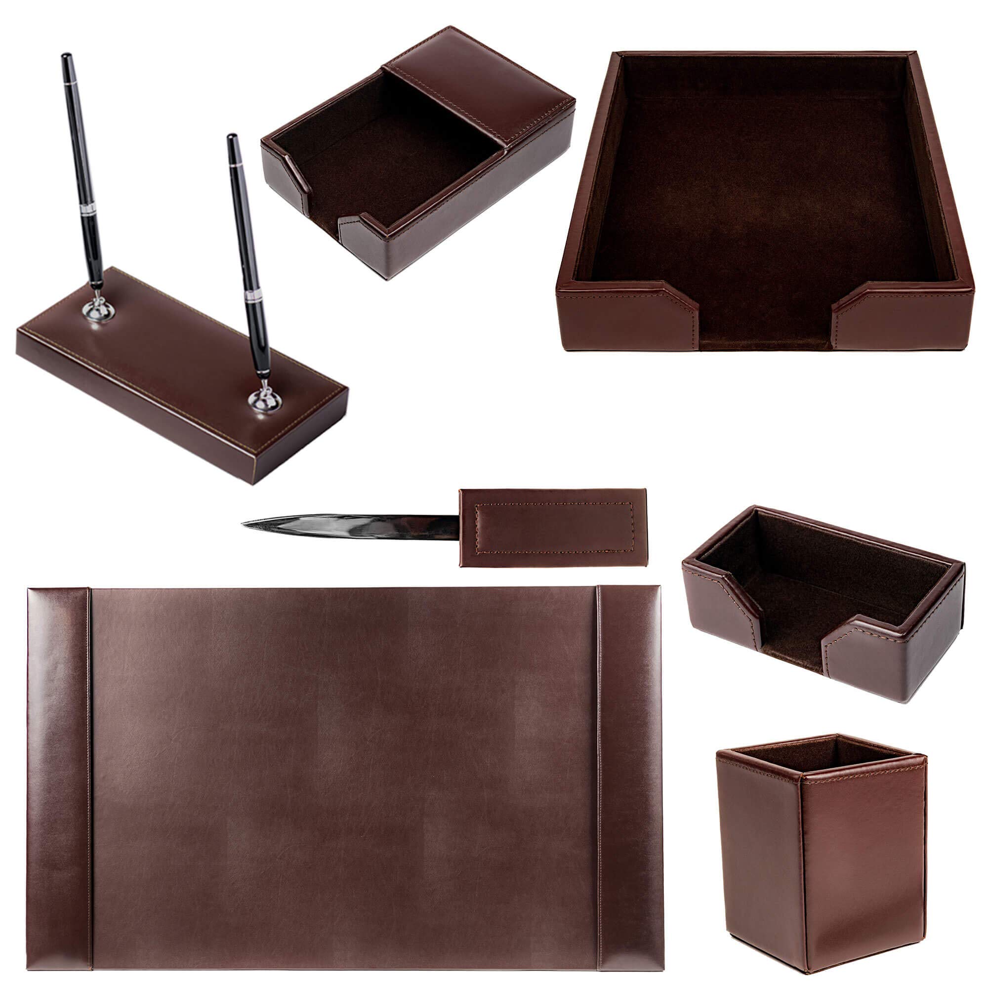Premium 7-Piece Dark Brown Leather Desk Pad Set with Organizer - Luxurious Bonded Leather Office Desk Mat & Essential Accessories for Home & Office Workspace