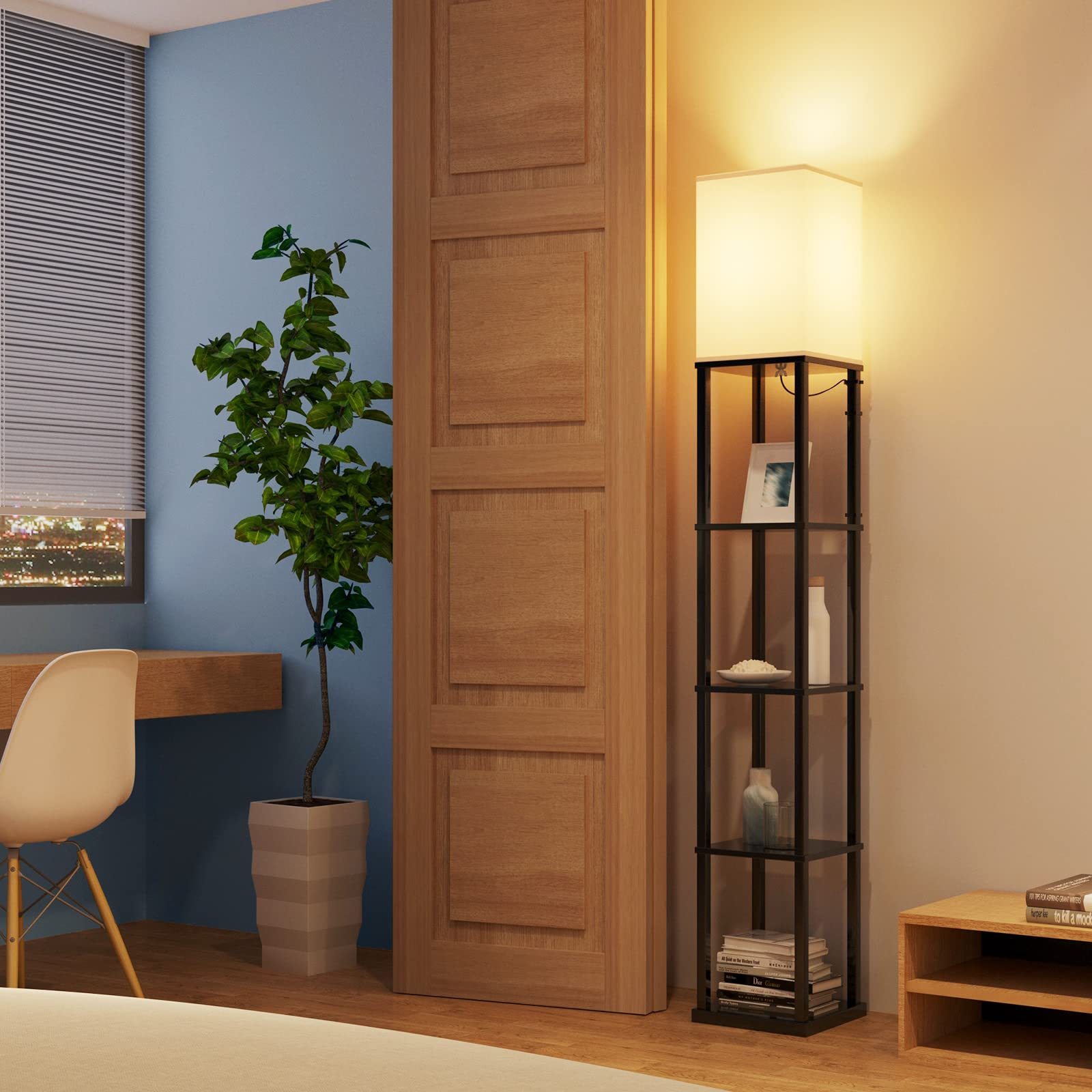 Addlon 5-Tier Modern Shelf Floor Lamp with 3CCT LED Bulb - Adjustable Brightness Display Lamp for Living Room, Bedroom, Office - Black - Perfect for Reading, Decor & Space Saving