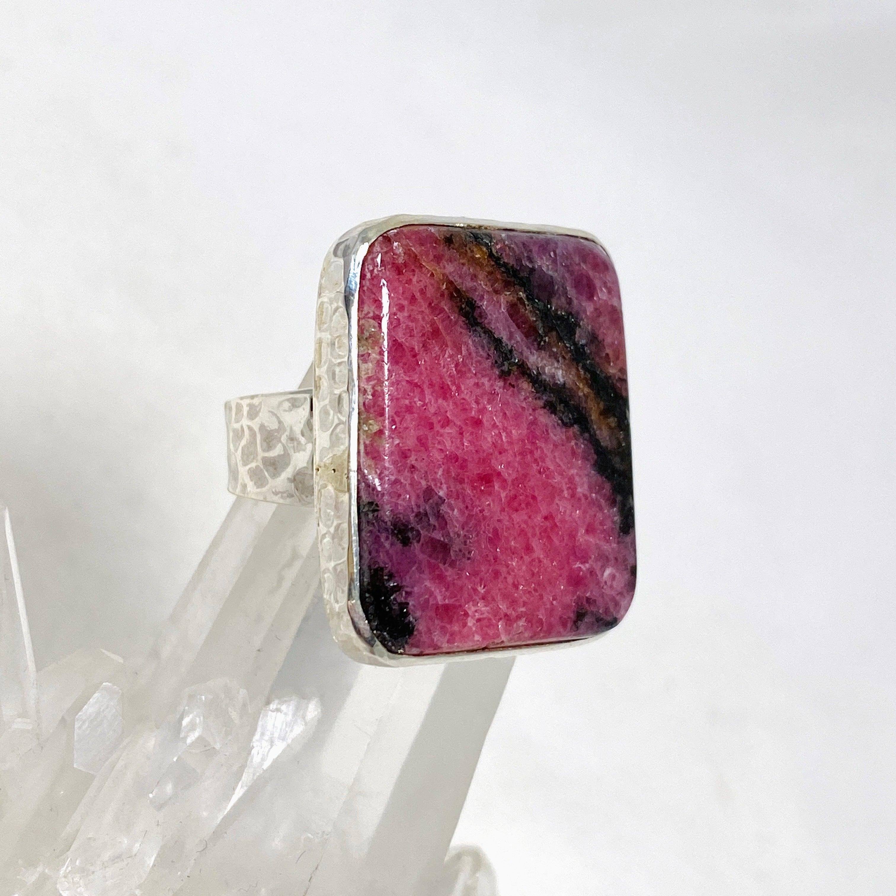 Rhodonite Rectangle Ring in Hammered Silver Setting - Size 9.5 (KRGJ3212) | Healing Stone Jewelry for Women, Meditation & Spiritual Gifts