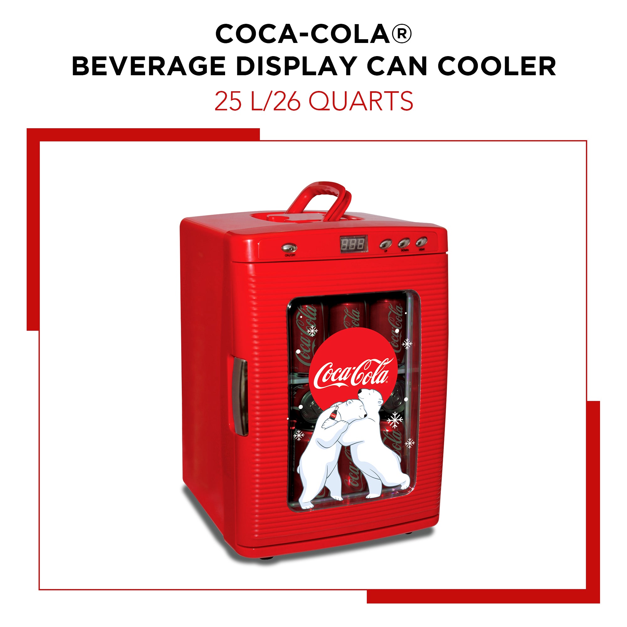 Coca Cola Polar Bear 28 Can Cooler and Warmer - 25L (28 qt) Portable Mini Fridge with Display Window, 12V DC & 110V AC Power Cords - Travel Refrigerator for Drinks, Snacks, Lunch - Perfect for Car, Office, Dorm, Home & Camping - Red