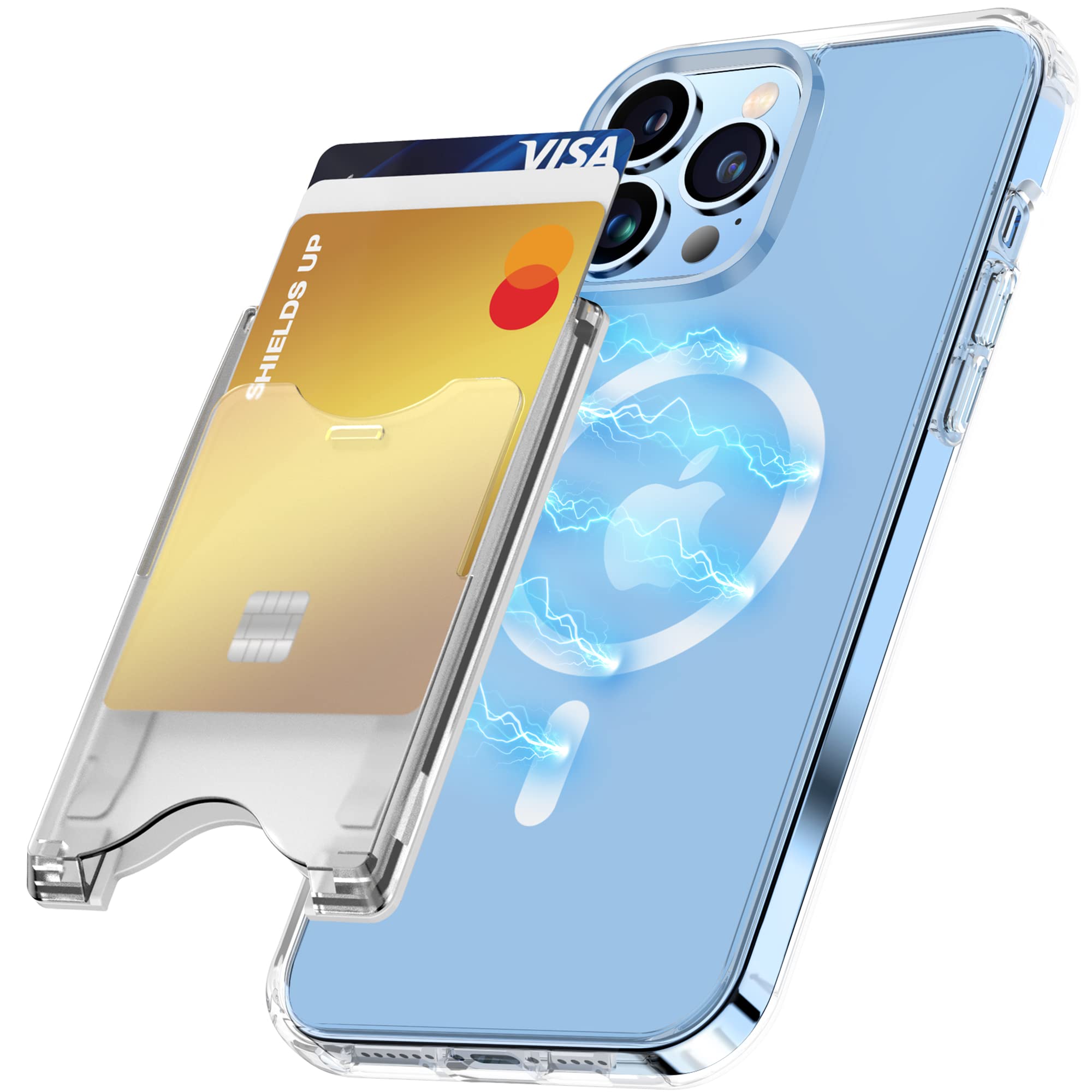 Shields Up Magnetic Card Holder for iPhone 16/16 Pro/16 Pro Max/16 Plus & iPhone 15/14/13/12 Series - Slim 3 Card Slot Clear MagSafe Wallet | Perfect for Everyday Carry, Travel & Contactless Payments