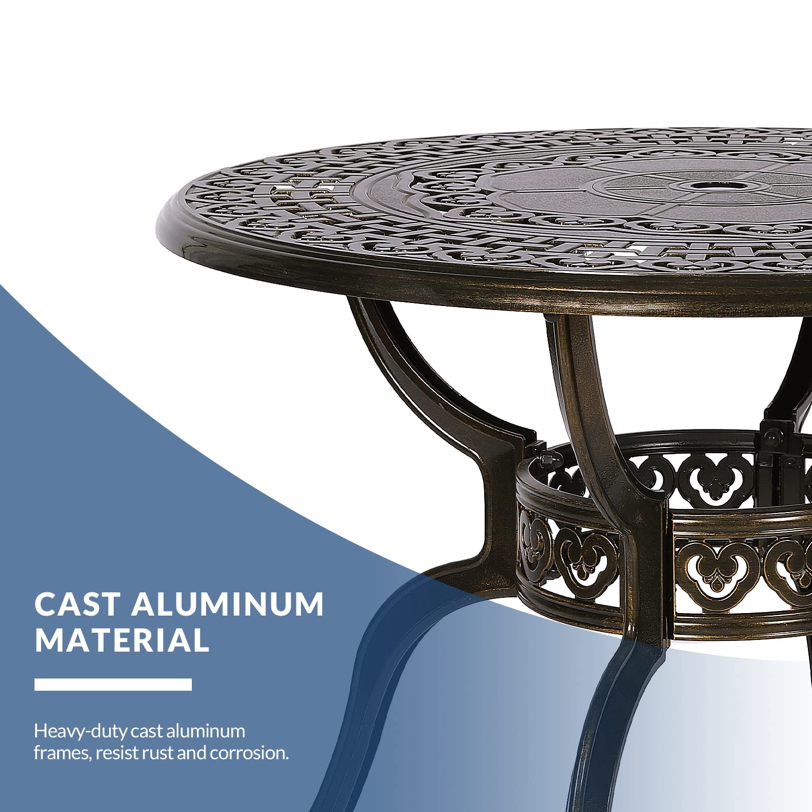 38.5 Inch Round Outdoor Dining Table - Bronze Cast Aluminum Rustic Patio Table with Umbrella Hole | Perfect for Backyard, Garden, Poolside & BBQ Gatherings