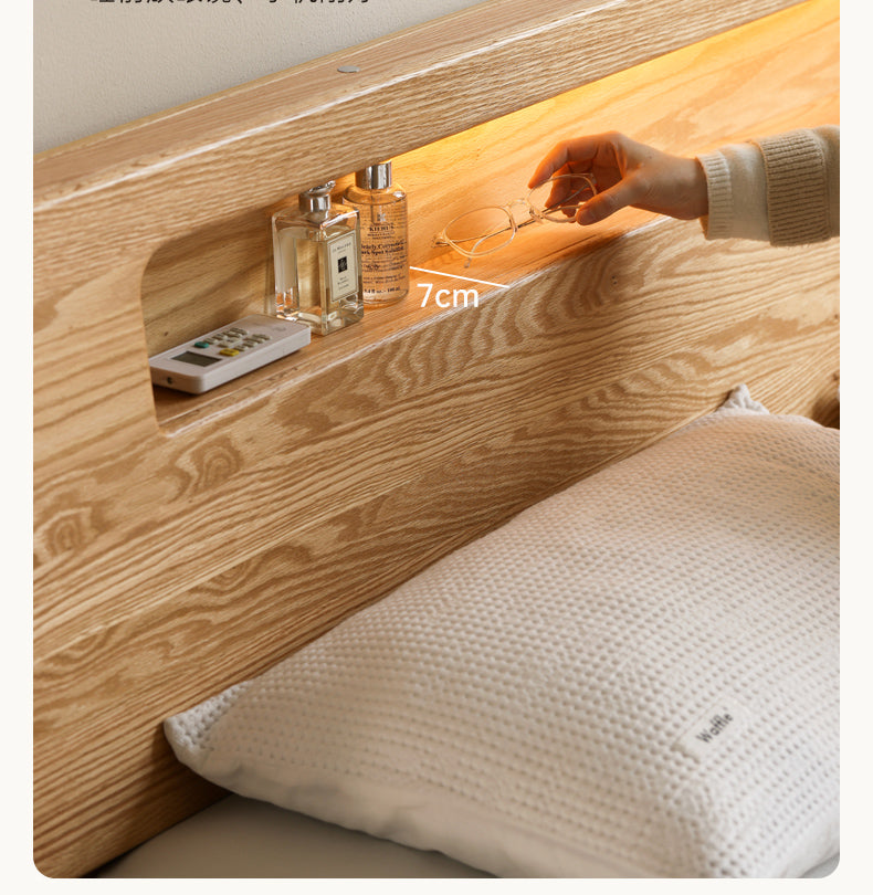 Solid Oak and Beech Wood Bed with Built-in LED Lights and Bookshelf - Modern Bedroom Furniture for Small Spaces, Lofts, and Studio Apartments
