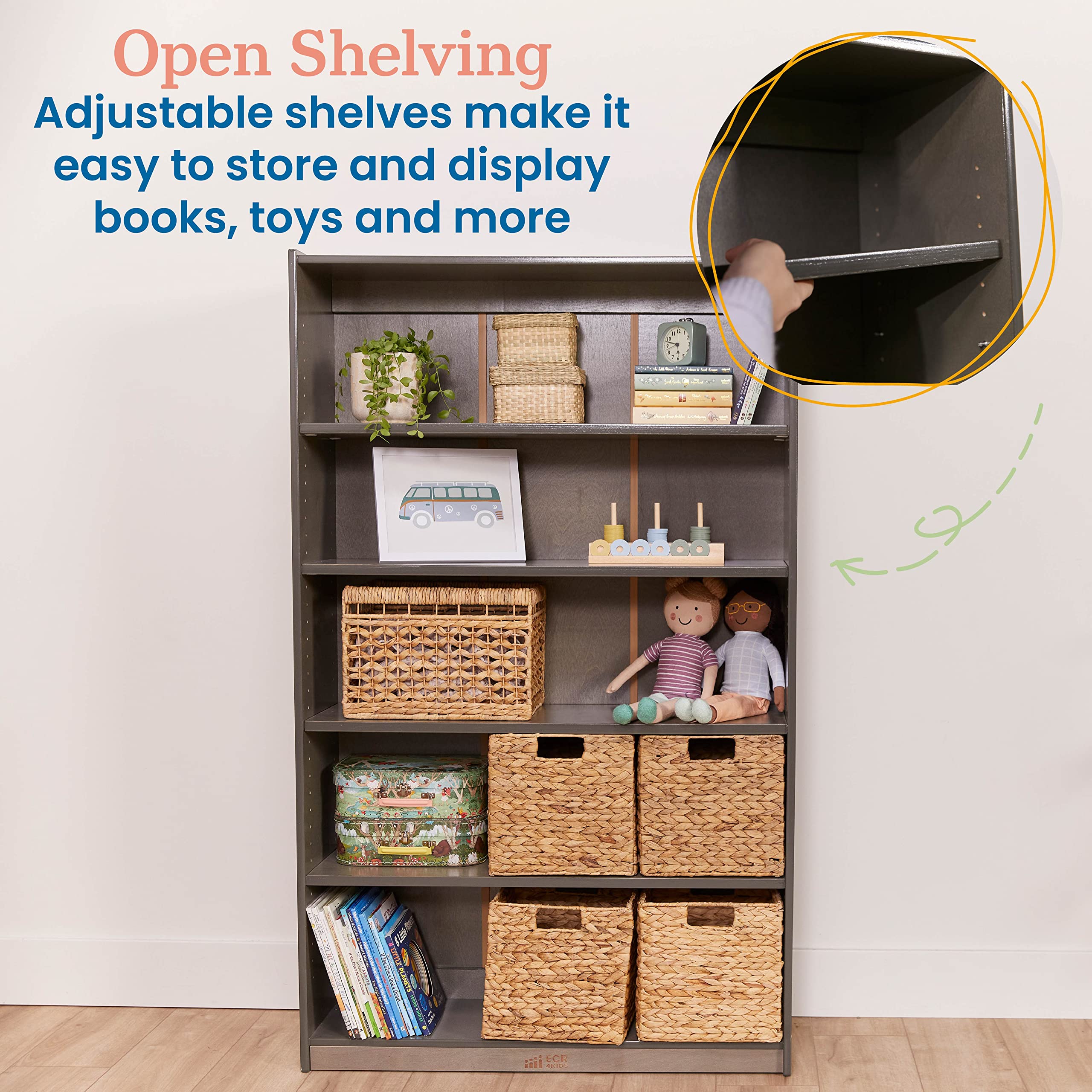 ECR4Kids Classic 60-Inch Bookcase with Adjustable Shelves, Grey Wash Finish - Perfect for Kids' Rooms, Classrooms, and Home Libraries
