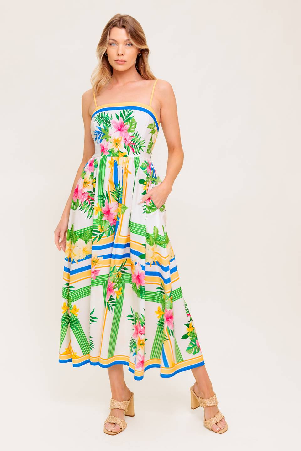 Floral Print Midi Dress with Pockets - Elegant Floral Harmony Summer Dress for Women, Perfect for Garden Parties, Brunch Dates & Vacation Outfits