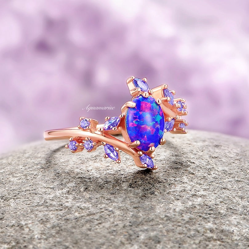 Starry Night Van Gogh Inspired Blue Fire Opal & Cornflower Sapphire Ring - 14K Rose Gold Vermeil Jewelry for Women - Perfect for Evening Parties, Weddings & Special Occasions