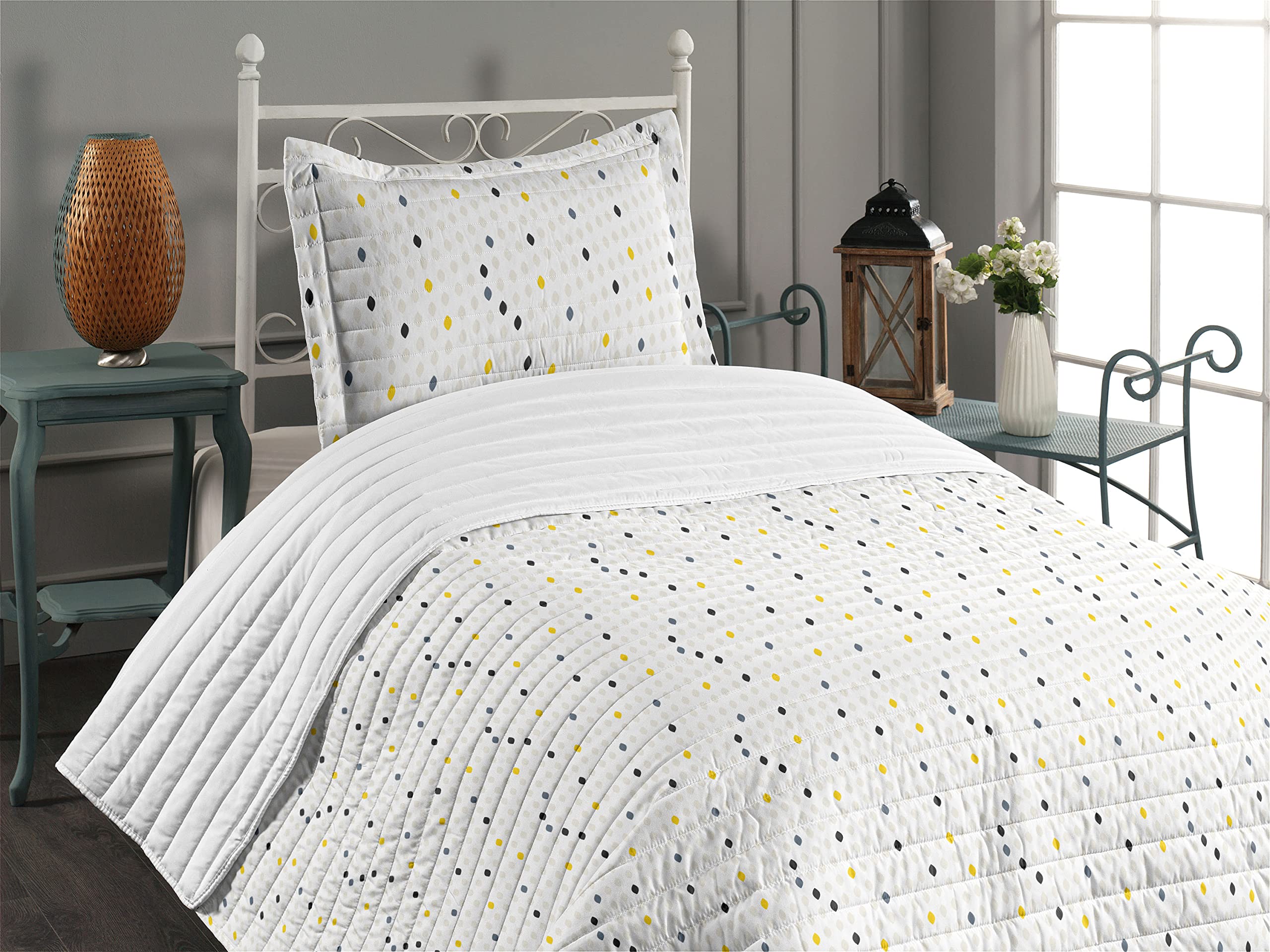 Ambesonne Modern Microfiber Bedspread Set - Geometric Polka Dot Tear Drop Pattern, Soft Twin Size Comforter with Pillow Sham in Yellow White Grey | Perfect for Contemporary Bedrooms & Guest Rooms
