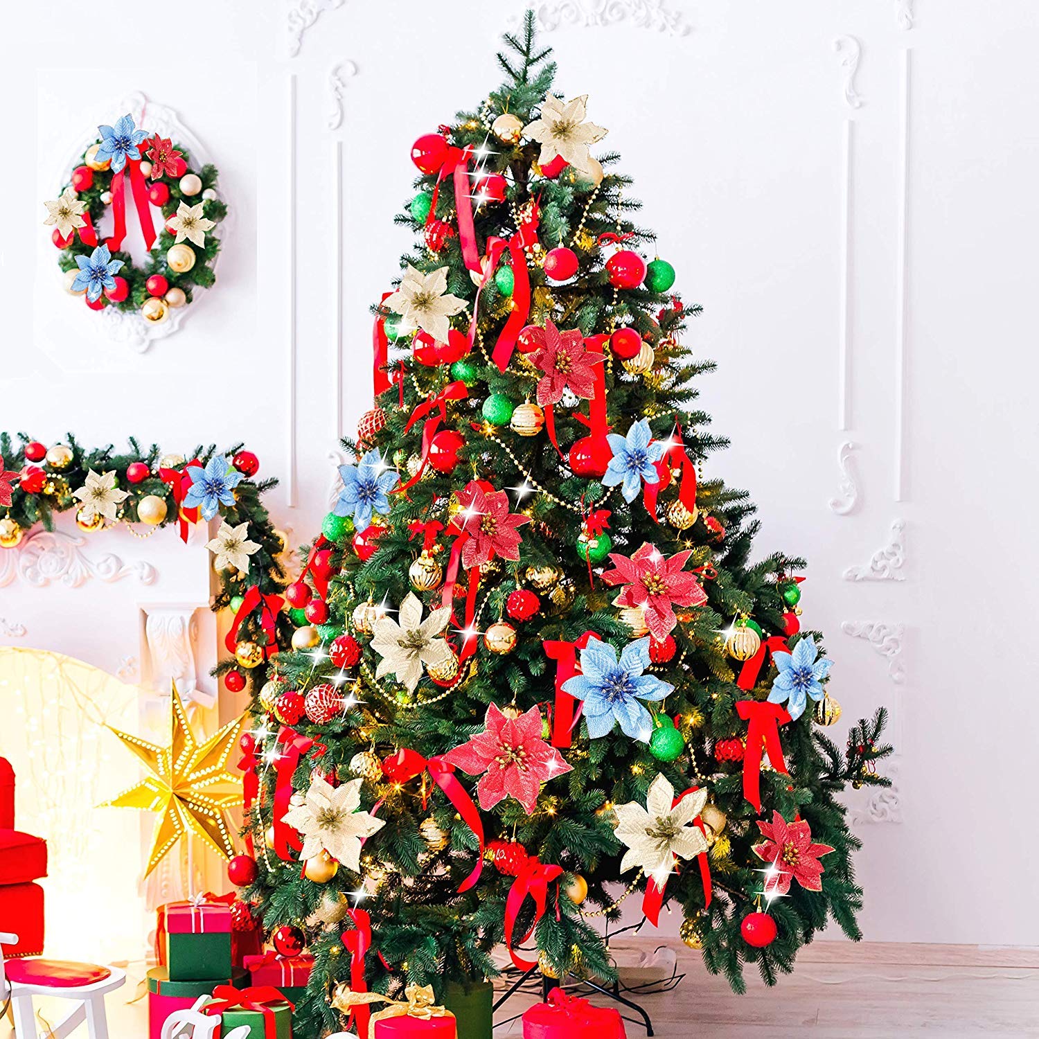 30 Pieces Glitter Christmas Tree Ornaments - Artificial Poinsettia Flowers for Holiday Decor (Red) | Perfect for Christmas Trees, Wreaths, Wedding & Party Decorations