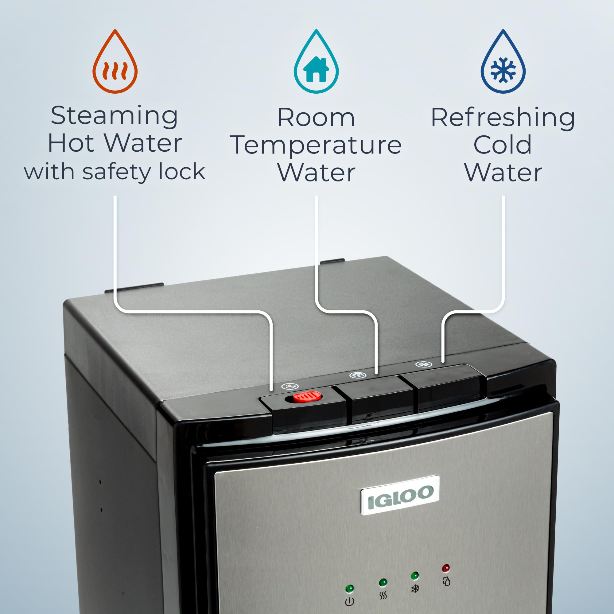 Igloo Bottom Load Water Cooler Dispenser with Hot & Cold Water Options - 3/5 Gallon Bottle Capacity - Child Safety Lock - Stainless Steel/Black - Ideal for Home, Office, Kitchen, Dorm | Energy Efficient & Space Saving Design