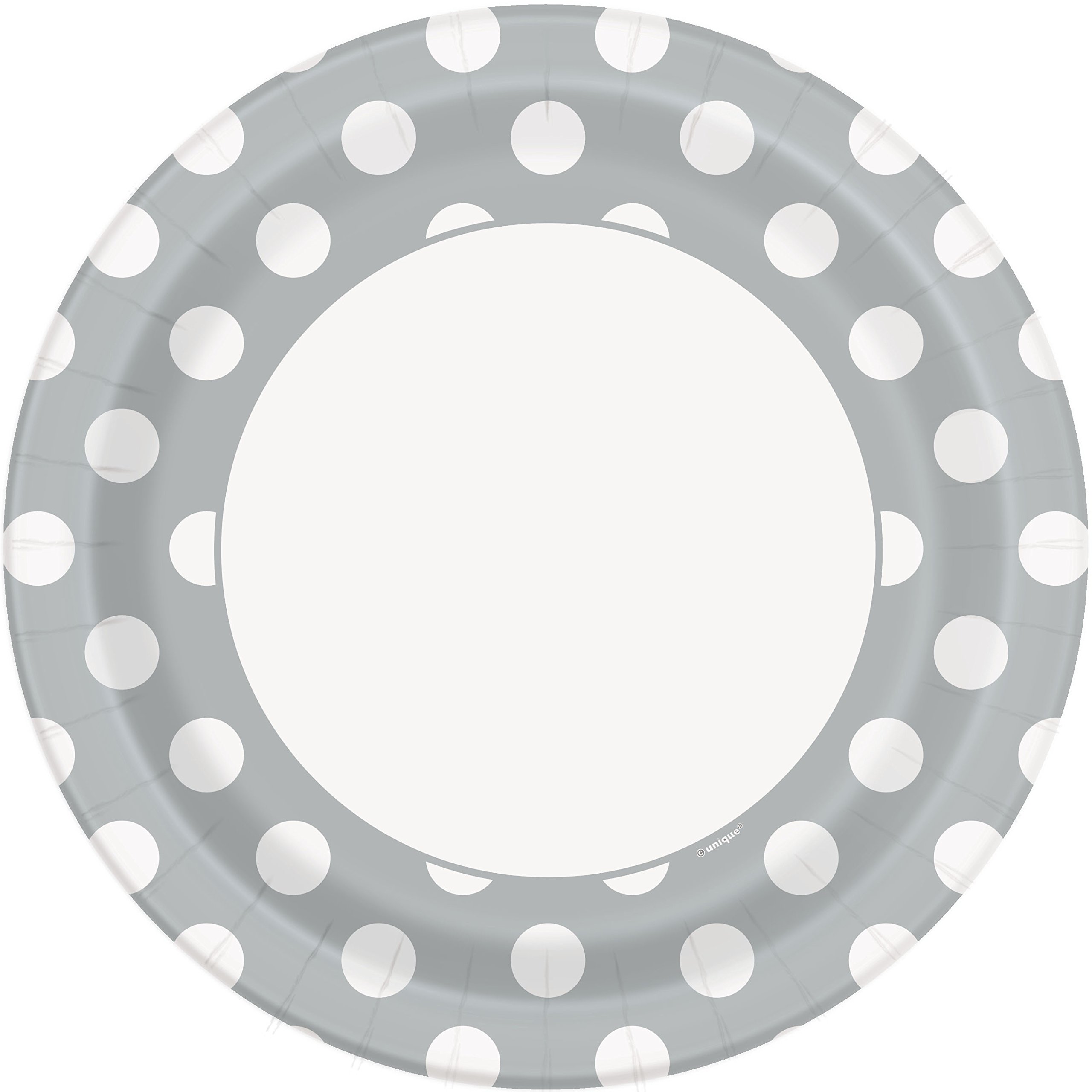Unique Industries Silver Polka Dot Paper Plates - 8 Count Disposable Party Plates for Birthday, Baby Shower & Wedding Decorations