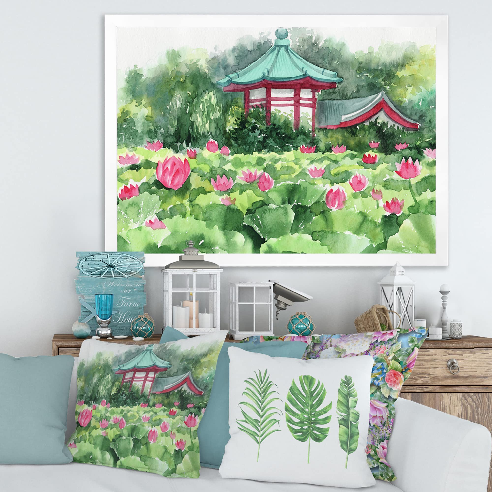 DesignQ Lotus Lake and Pagoda Traditional Asian Framed Wall Art - Perfect for Home Decor, Living Room, Bedroom & Office