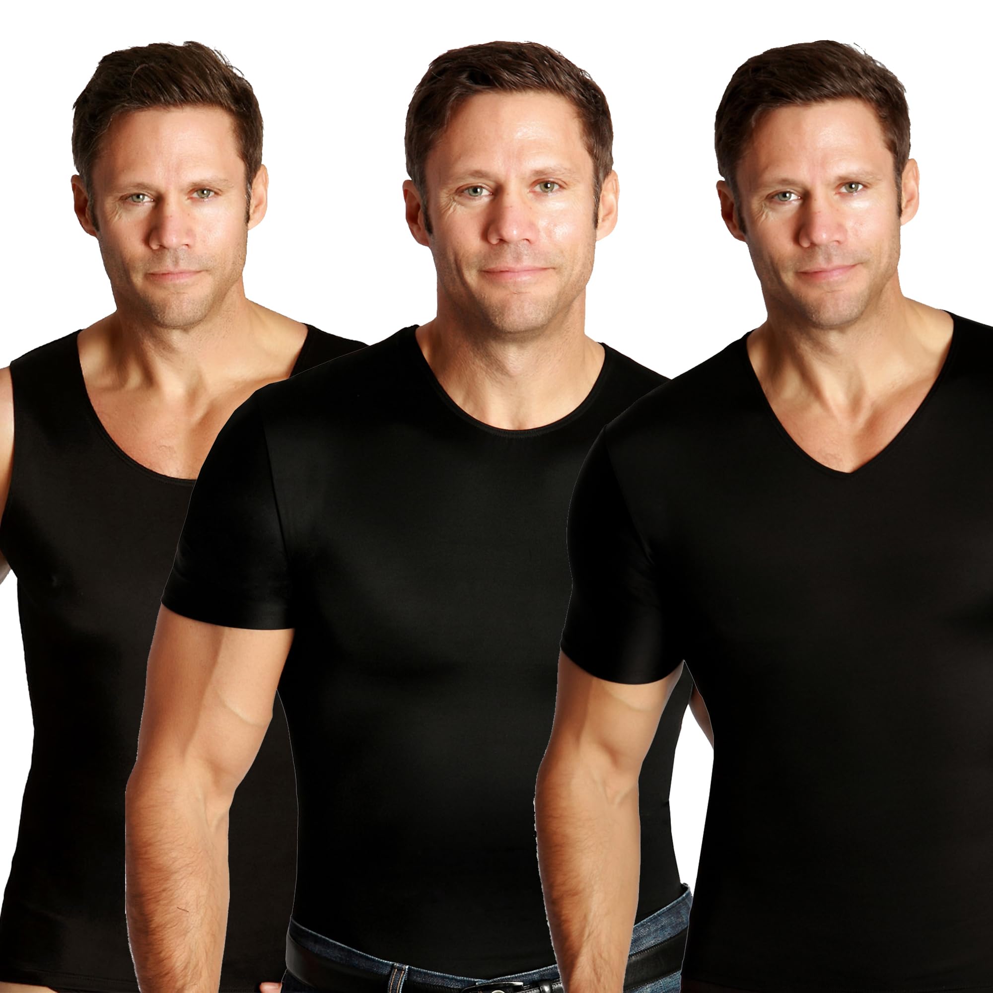 Insta Slim USA Made Men's Compression Shirts Variety Pack (Tank Top, Crew Neck, V Neck) - Workout, Gym, Running & Everyday Wear