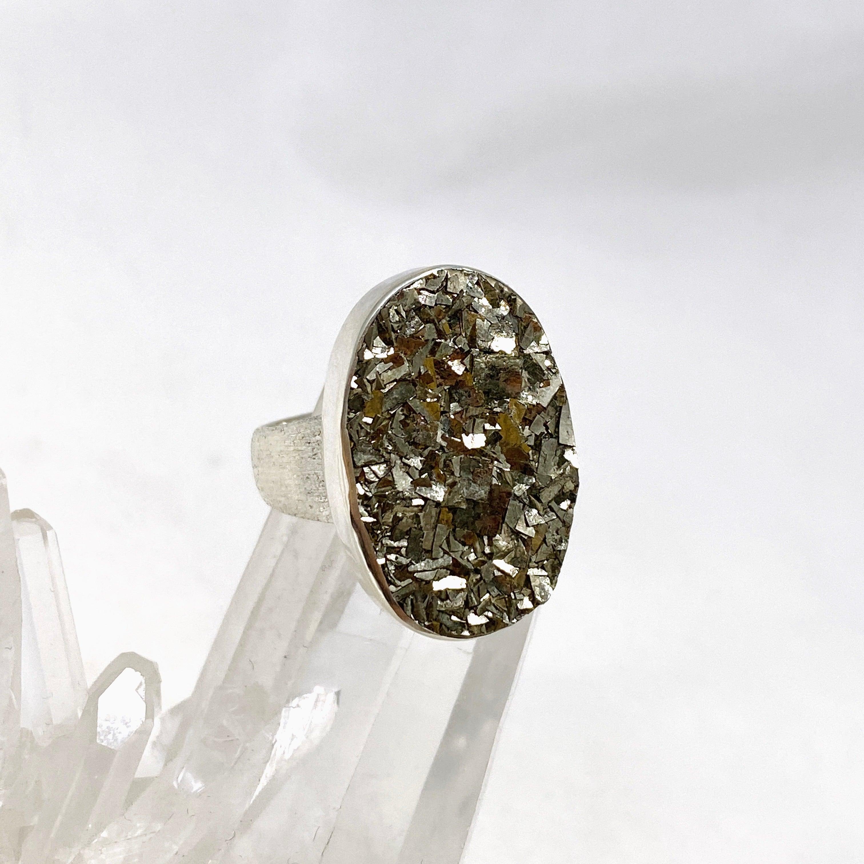 Natural Pyrite Raw Stone Oval Ring with Brushed Silver Band - Size 8 - KRGJ3193 - Perfect for Boho Jewelry, Spiritual Healing & Everyday Fashion Accessories
