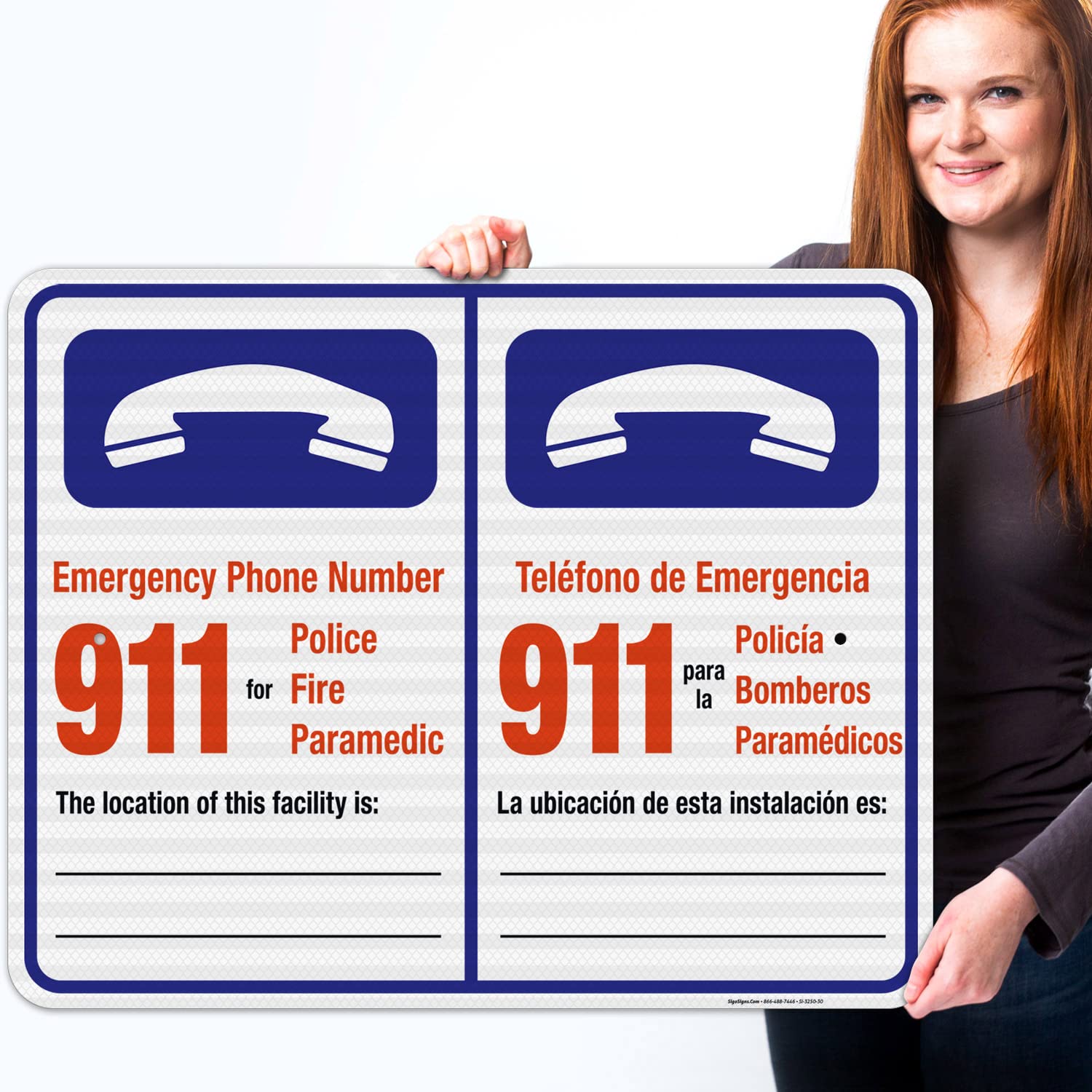 Pool Emergency Phone Number Sign - Bilingual English/Spanish - 24x30 Inches - 3M EGP Reflective .080 Aluminum - Fade Resistant - Made in USA - Perfect for Public Pools, Water Parks & Community Swimming Areas
