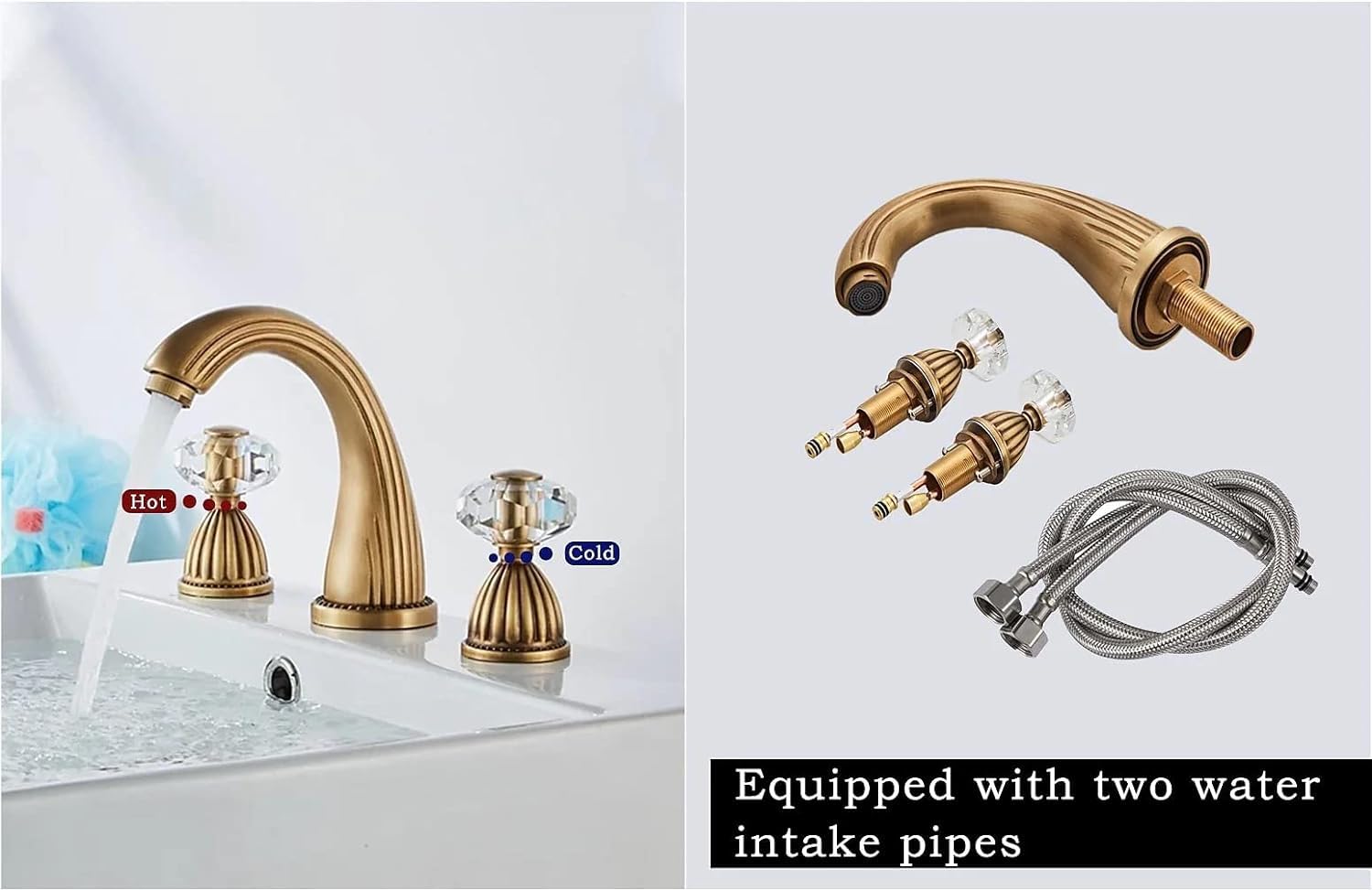 Vintage Two-Handle Widespread Bathroom Faucet - Antique Brass Finish with Crystal Handles - 3 Hole Mount - Includes Hot/Cold Water Supply Lines - Perfect for Classic & Farmhouse Style Bathroom Renovations