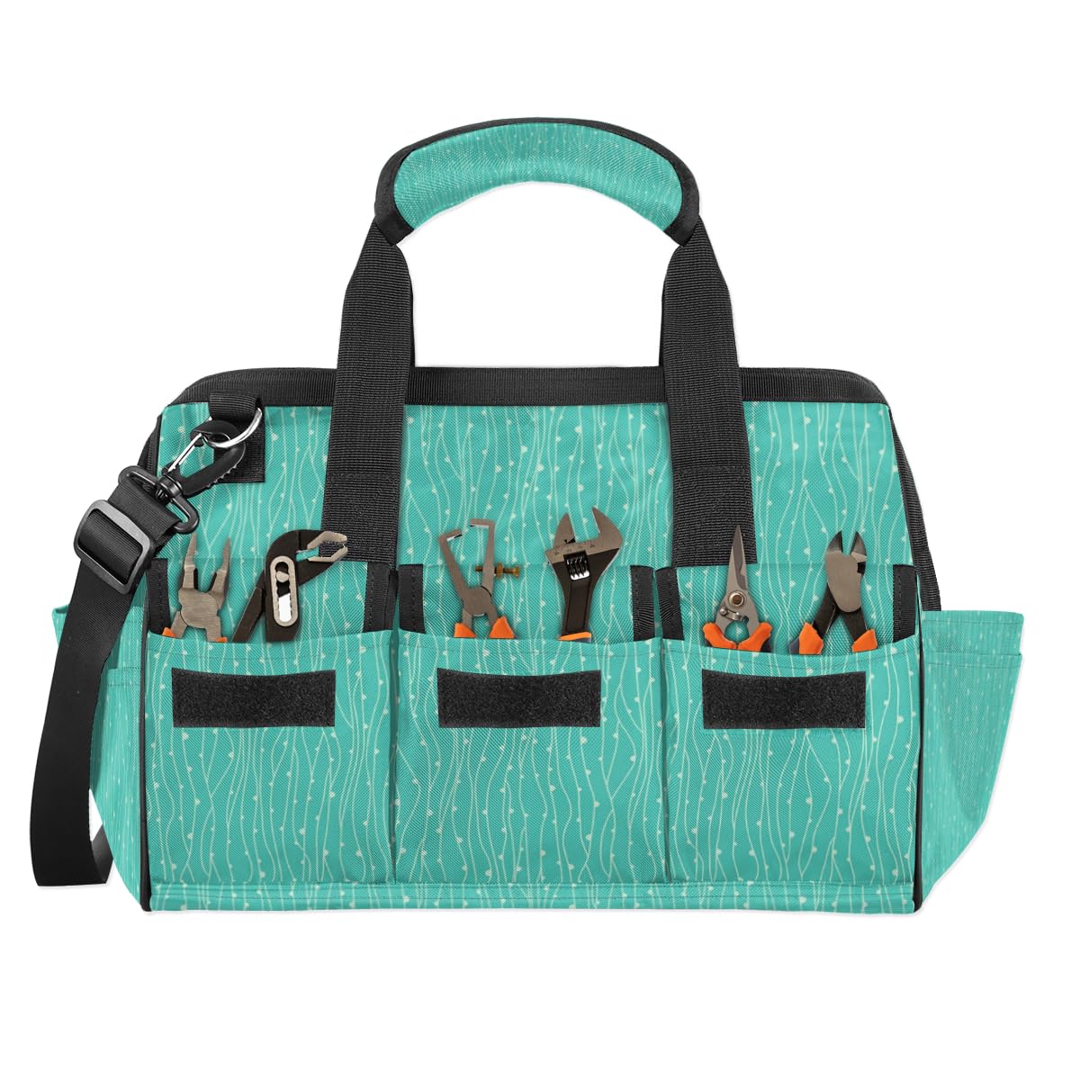 Teal Turquoise Heavy Duty 14-Pocket Tool Bag with Adjustable Strap - Wide Mouth Tool Organizer Tote for Men & Women (14.8 Inches) - Perfect for Construction, DIY Projects & Home Repairs