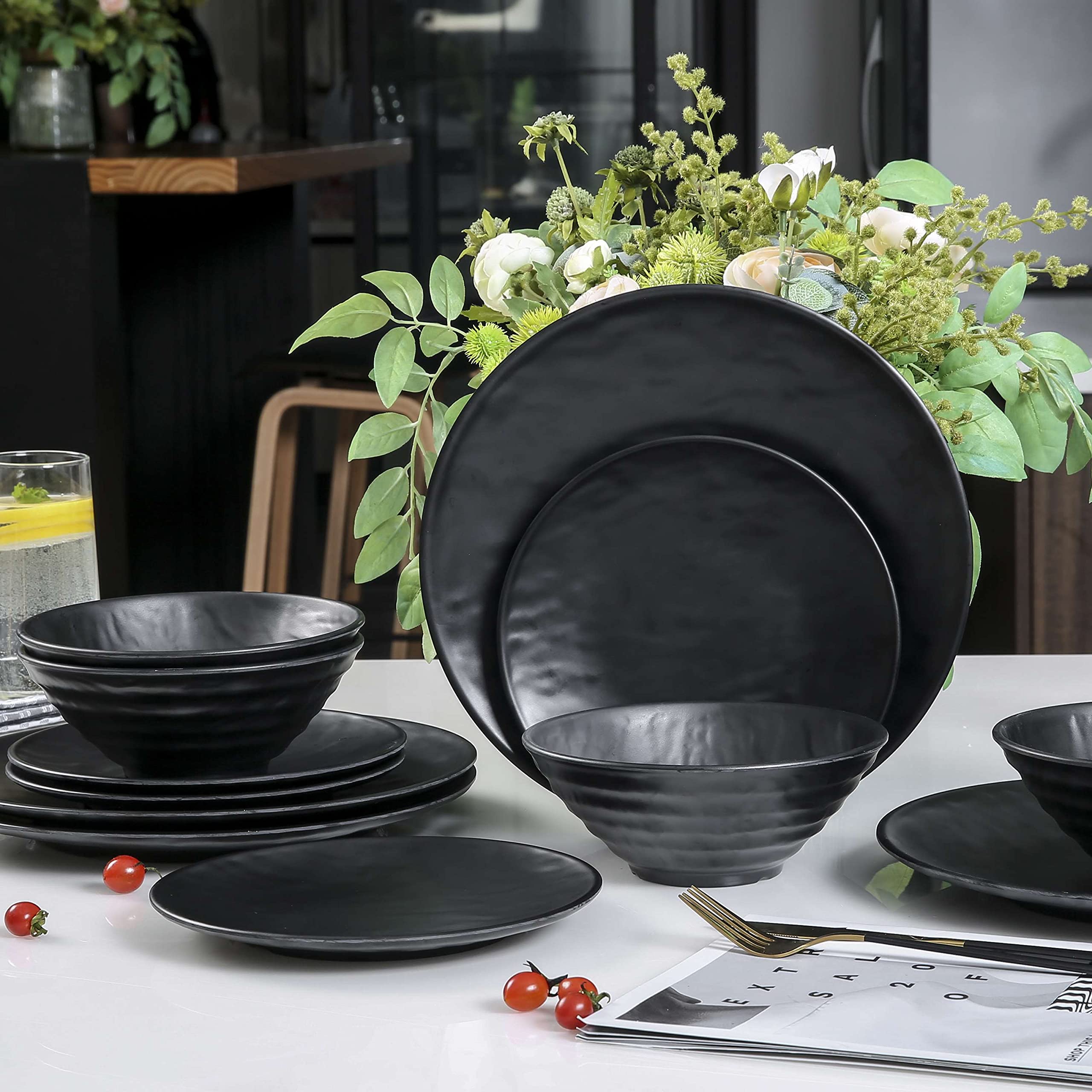 Premium 12-Piece Melamine Dinnerware Set - Durable Black Plates & Bowls for Indoor/Outdoor Use - Perfect for Camping, Picnics & Everyday Dining
