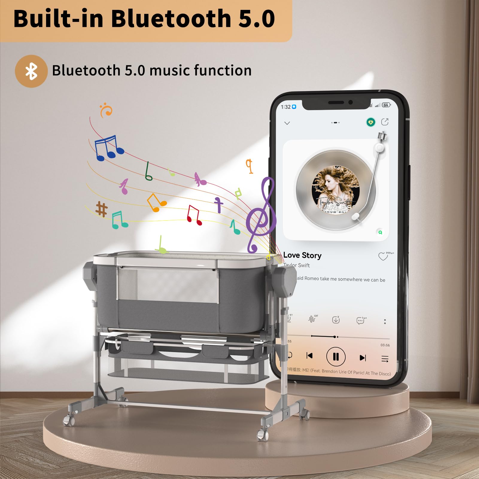 Electric Rocking Bassinet for Baby with Bluetooth & Wheels - 6 Height Adjustable, 5-Speed Swing Smart Crib for Newborns | Bedside Sleeper for Nursery, Daytime Napping & Nighttime Soothing