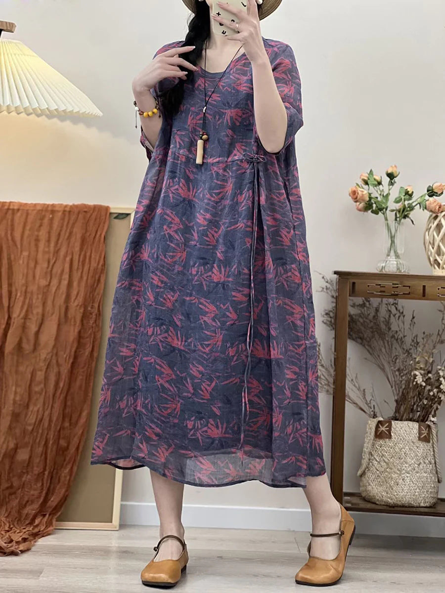 Plus Size Summer Floral Print Loose Fit Ramie Dress for Women - Comfortable Vacation & Beach Wear for Travel
