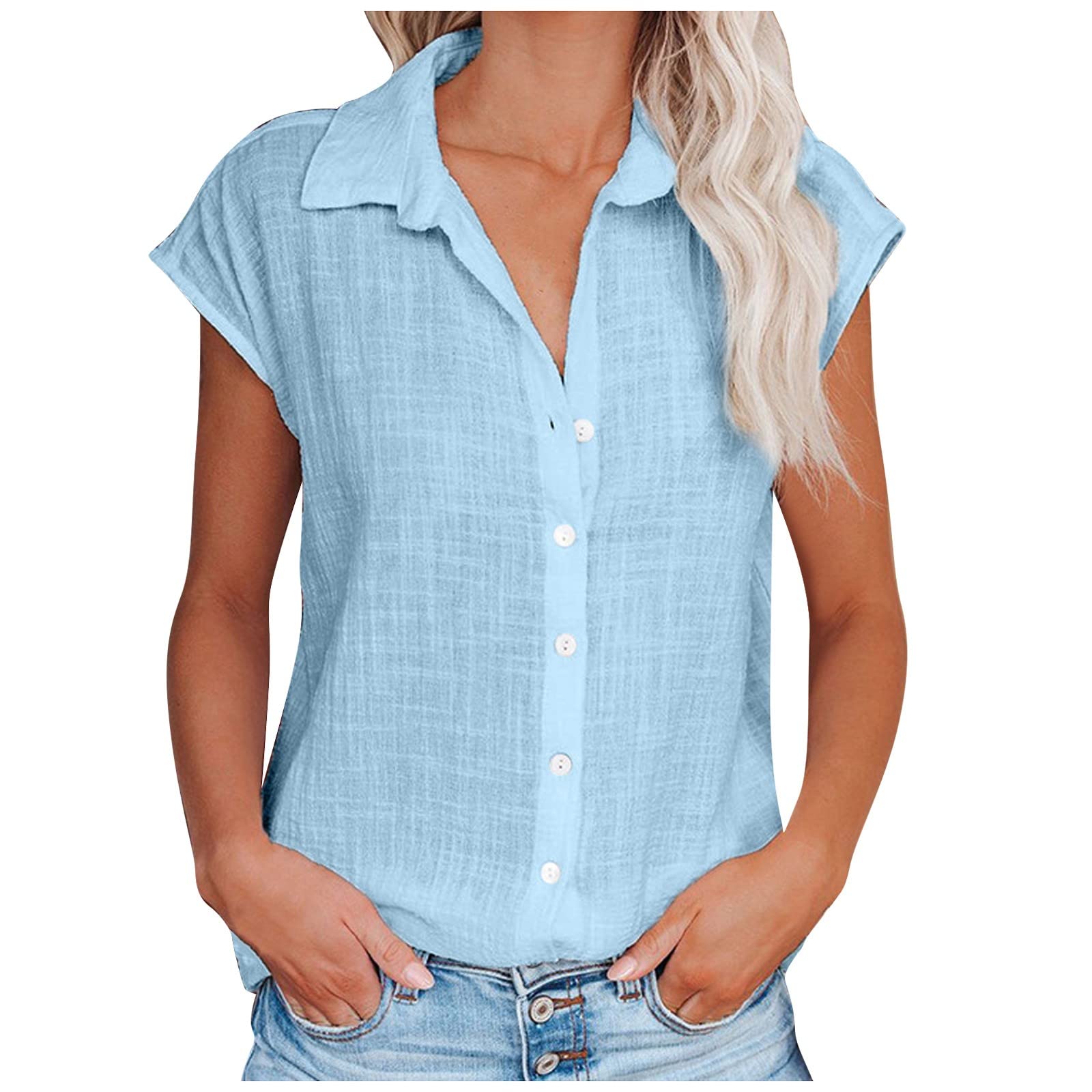 Women's Linen Tunic Blouse - V-Neck Button Down Lapel Top with Cap Sleeves | Loose Fit Casual Work Shirt | Perfect for Office, Summer Outfits & Everyday Wear