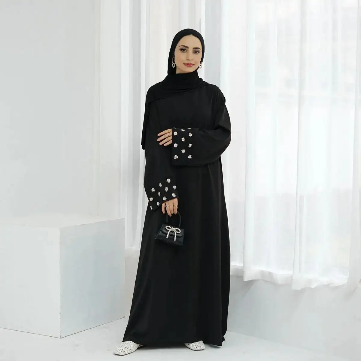 Elegant Daisy Embroidery Nida Abaya Dress for Women - Modest Islamic Fashion for Prayer, Eid, and Special Occasions