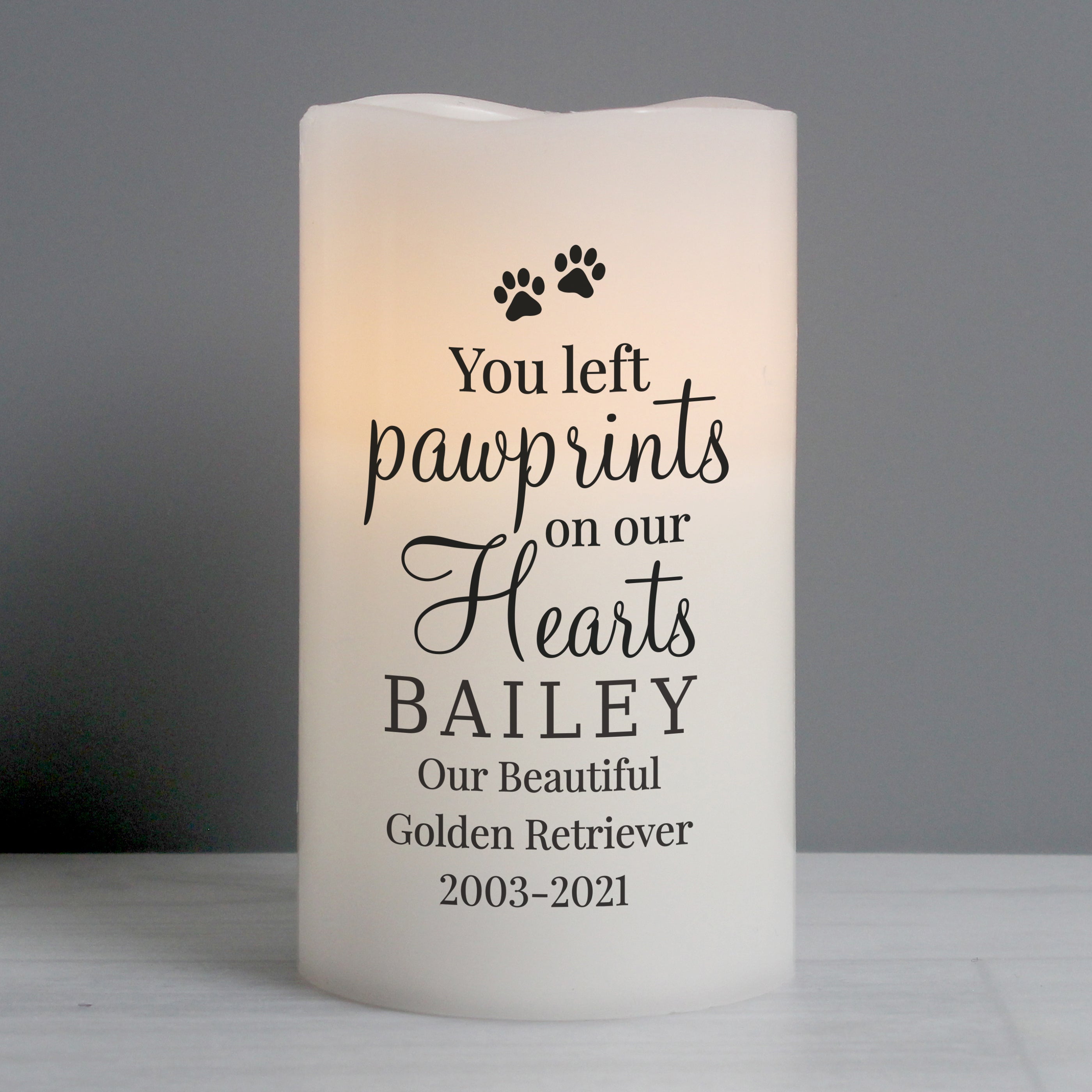 Personalized Pawprints on Our Hearts LED Candle - Memorial Pet Loss Gift, Custom Engraved Flameless Candle for Dog & Cat Lovers - Perfect for Pet Remembrance, Sympathy Gifts & Home Decor