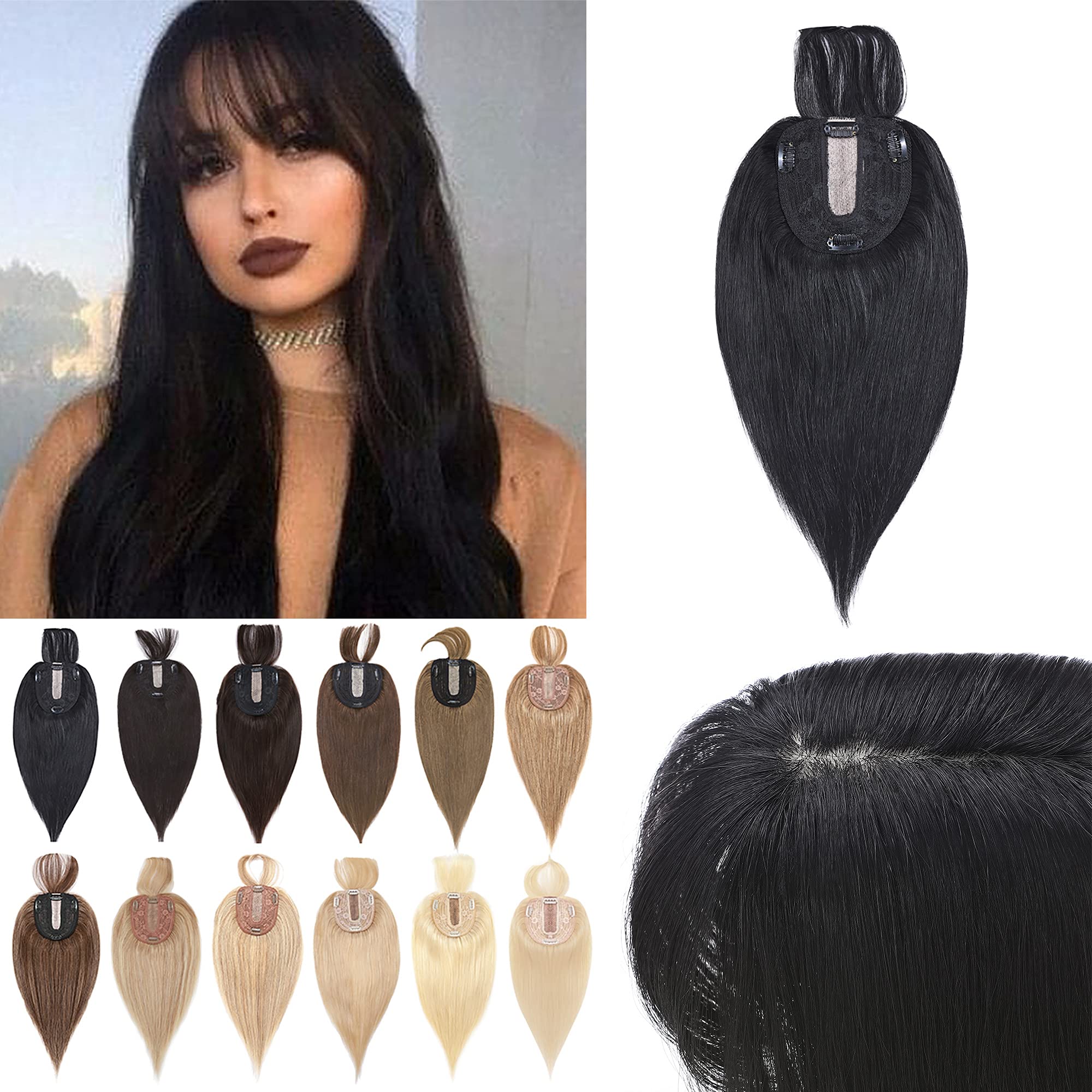 Premium 130% Density Human Hair Toppers with Bangs - Hand-Tied Silk Base Clip-In Hairpiece for Women with Thinning Hair - Natural Hair Loss Solution & Gray Coverage - 10 Inch 35g Jet Black - Perfect for Daily Wear, Special Occasions & Confidence Boost