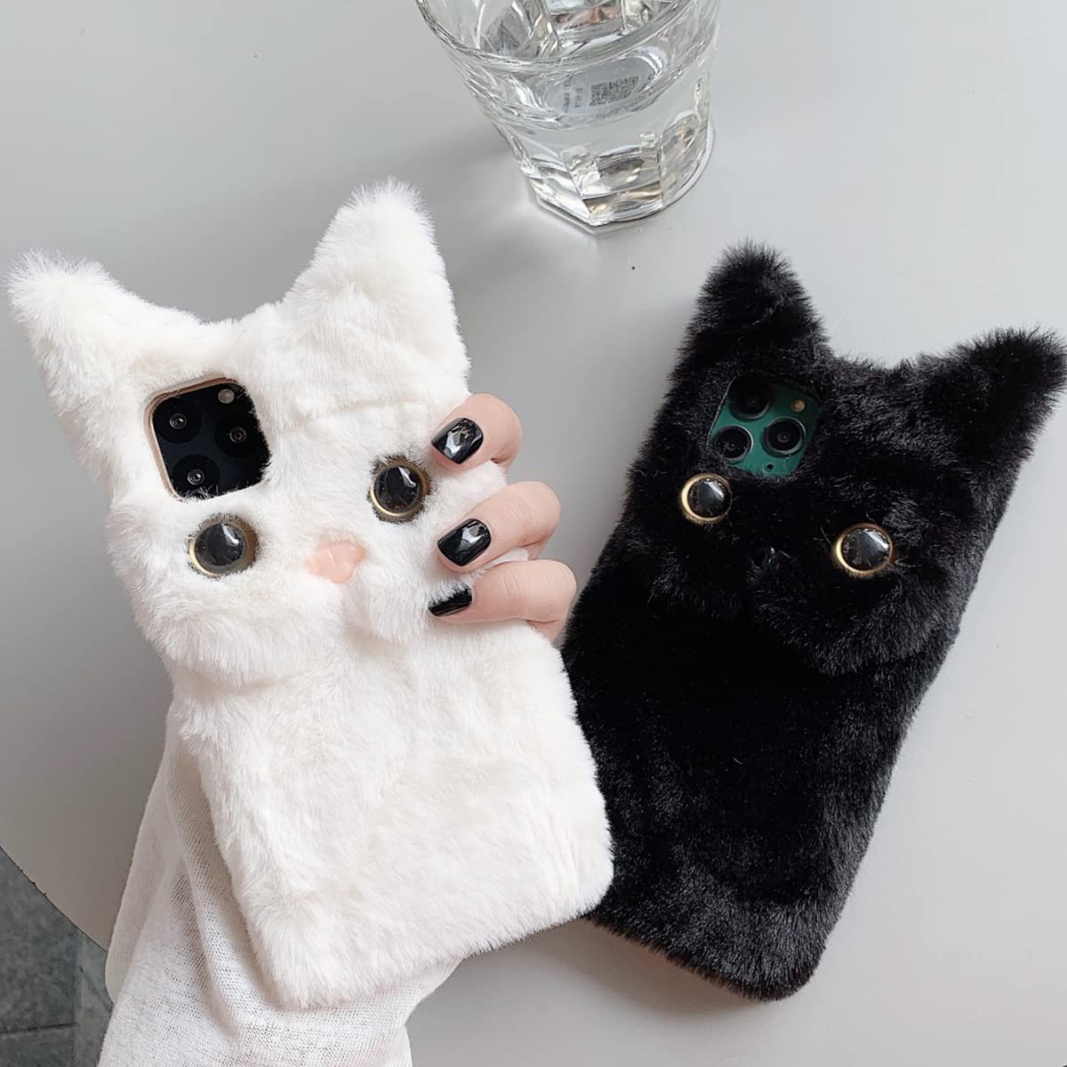 Cute Cat Phone Case for iPhone 12 Pro Max - Warm Winter Fluffy Furry Plush Protective Cover with Soft TPU Shockproof & Anti-Scratch Design (Black) - Perfect for Daily Use, Gifts & Cold Weather Protection