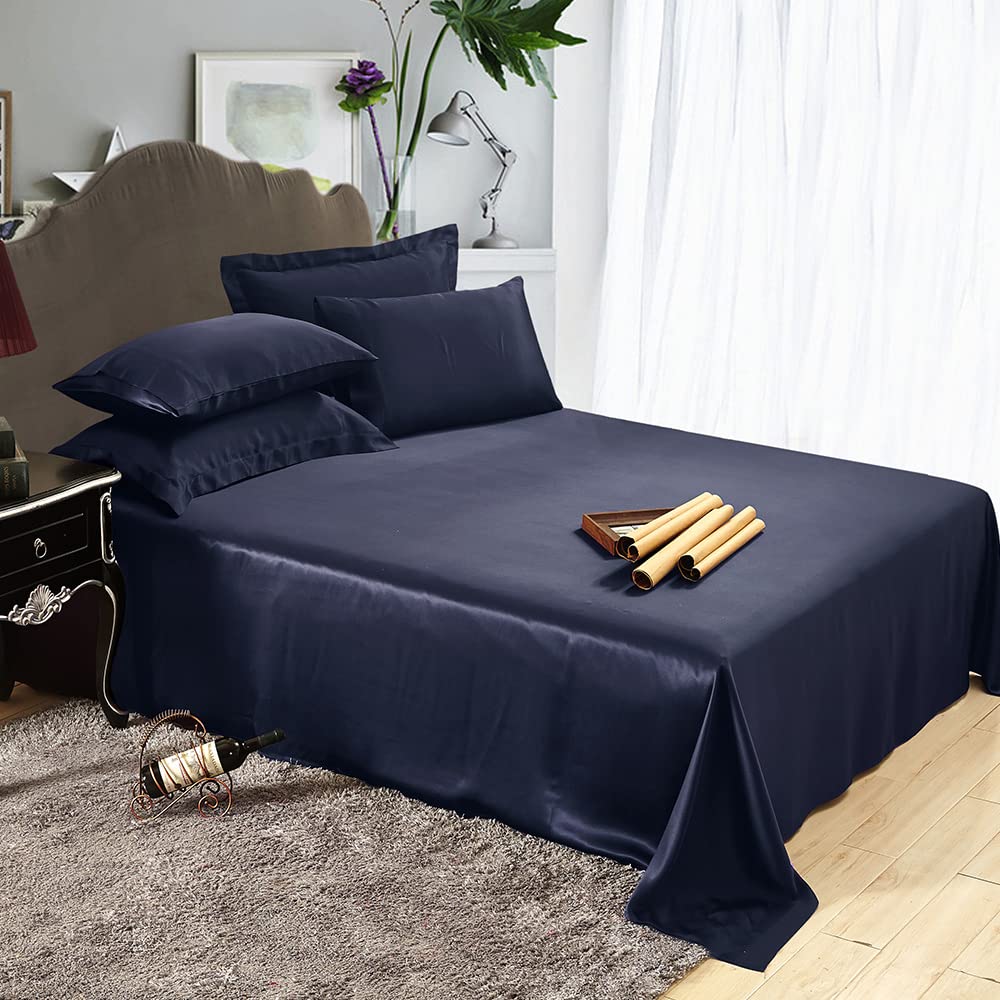 LILYSILK 4-Piece 100% Pure Mulberry Silk Bedding Set - 19 Momme Twin Size with Flat Sheet, Fitted Sheet & Oxford Pillowcases (Navy Blue) | Luxury Soft Silk Sheets for Comfortable Sleep & Hotel-Style Bedroom Decor