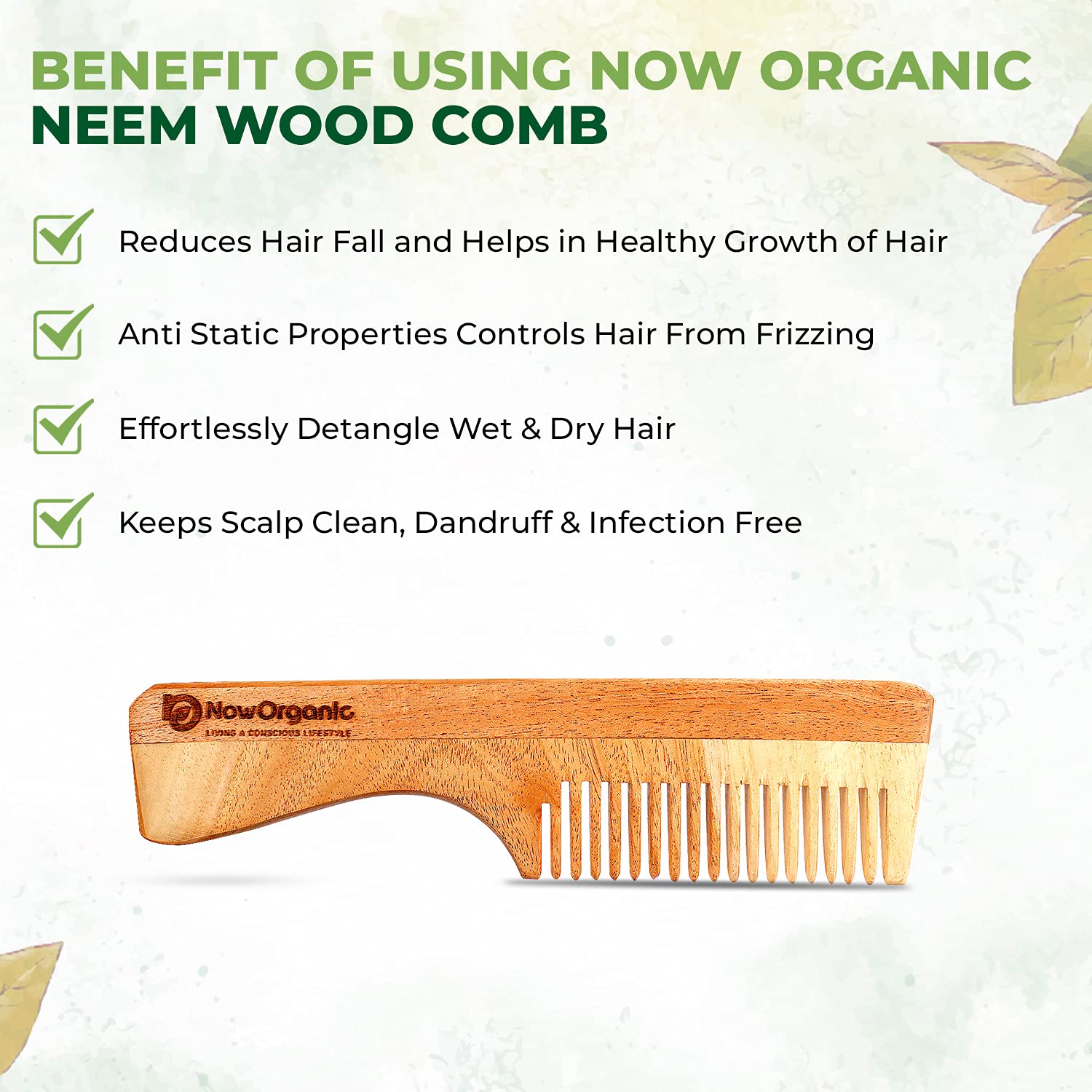 Organic Neem Wood Hair Comb for Healthy Hair - Anti Dandruff & Hair Fall Prevention - Reusable Muslin Pouch Included | Perfect for Daily Hair Care & Scalp Massage at Home or Travel