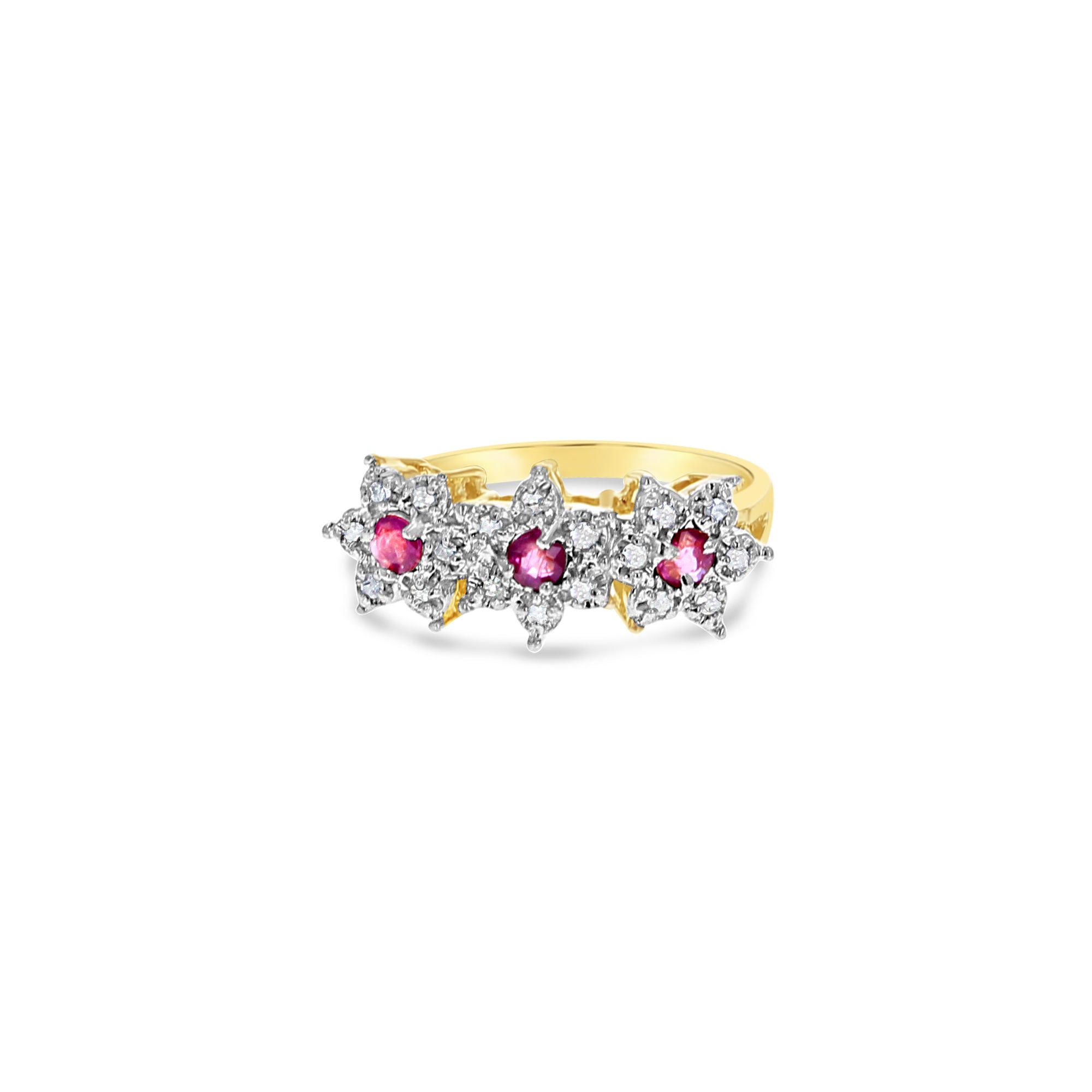 14K Yellow Gold Three Flower Shaped Diamond & Ruby Ring for Women - Elegant Jewelry Gift for Anniversary, Engagement, Wedding & Special Occasions