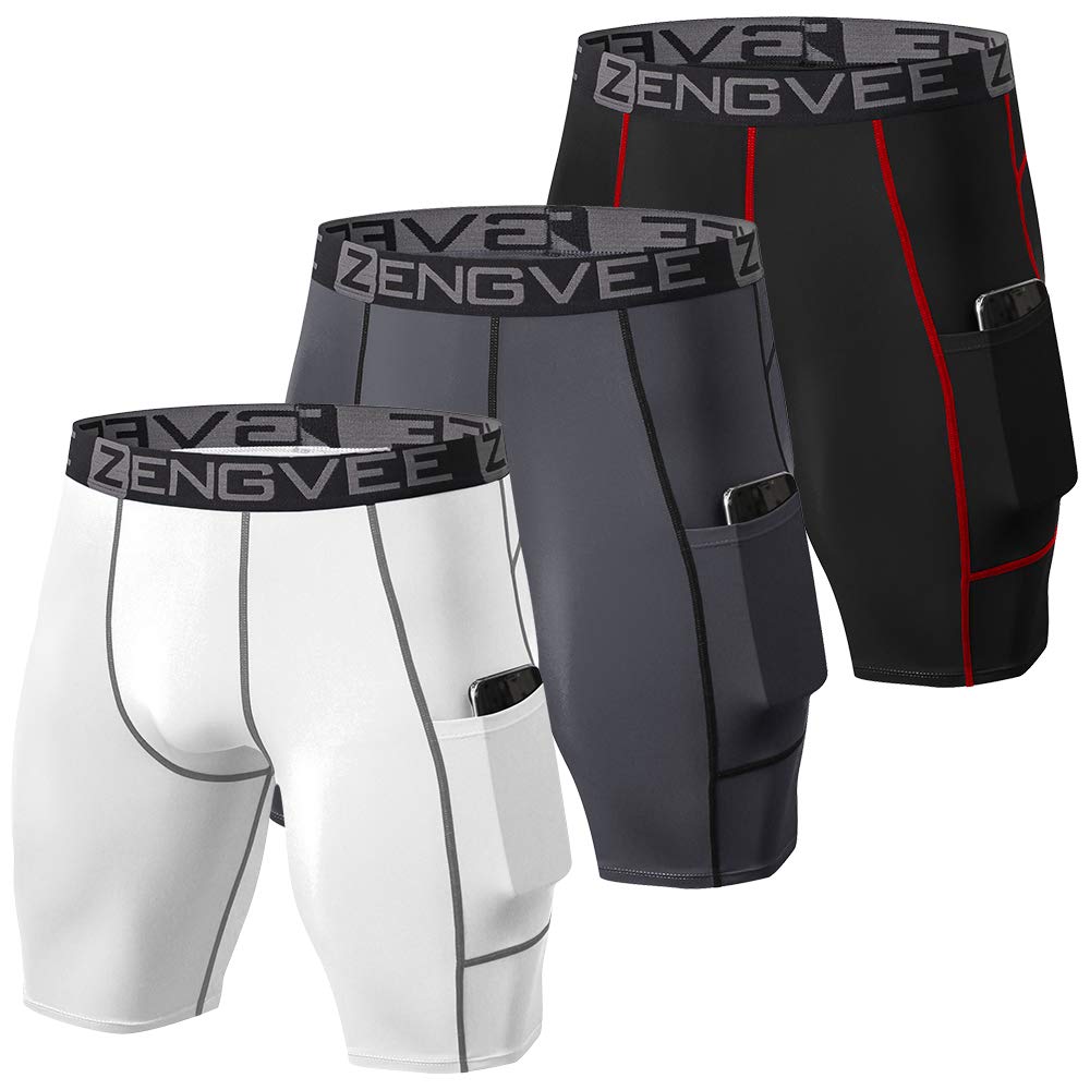 **ZENGVEE Men's 3-Pack Compression Shorts with Pockets - Running, Gym, Yoga, Swimming, Climbing, Cycling & Workout - Moisture-Wicking & Breathable for Active Lifestyles**