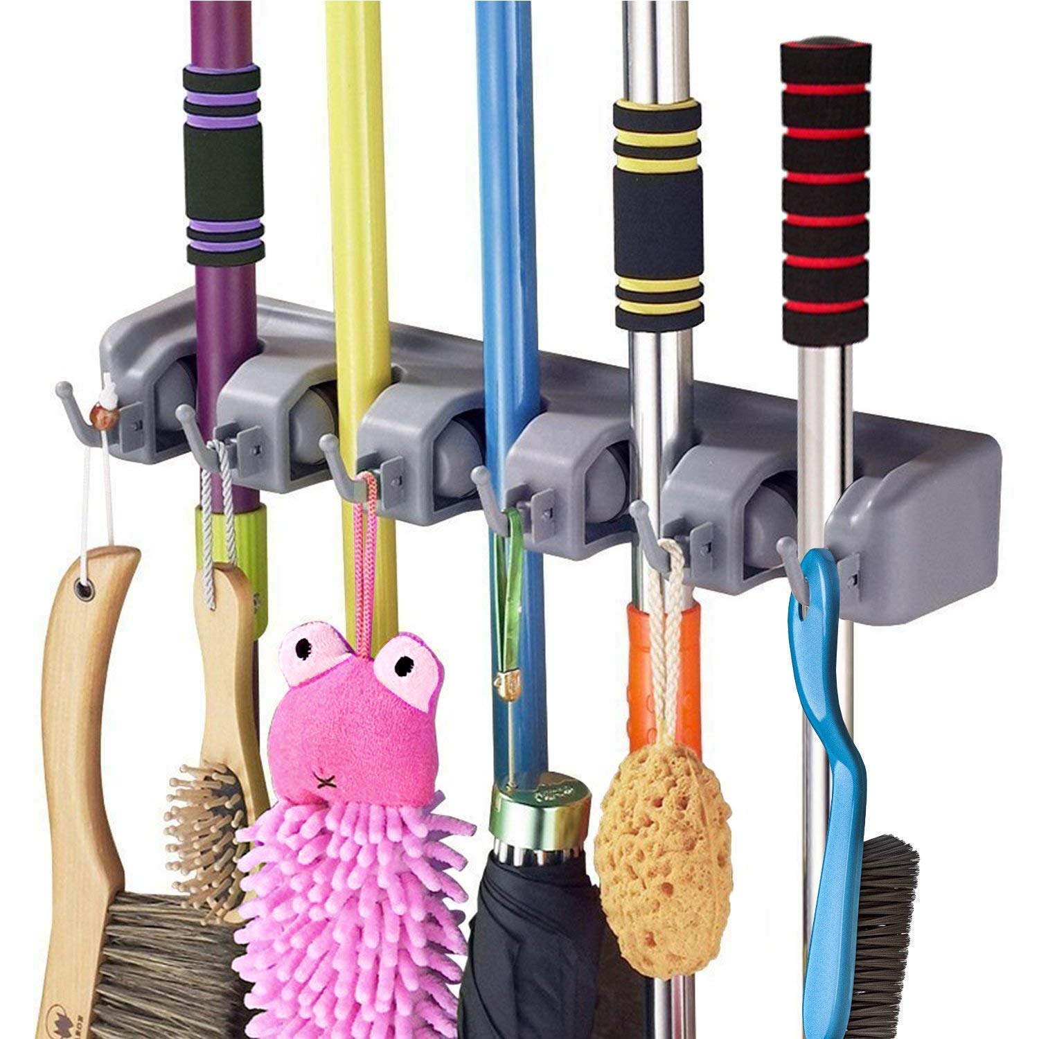 HEOBRO 5-Position Wall Mounted Magic Mop and Broom Holder with 6 Hooks - Space Saving Organizer for Kitchen, Bathroom, Garage Storage (Multicolor) - Perfect for Cleaning Tools, Utensils, and Household Items