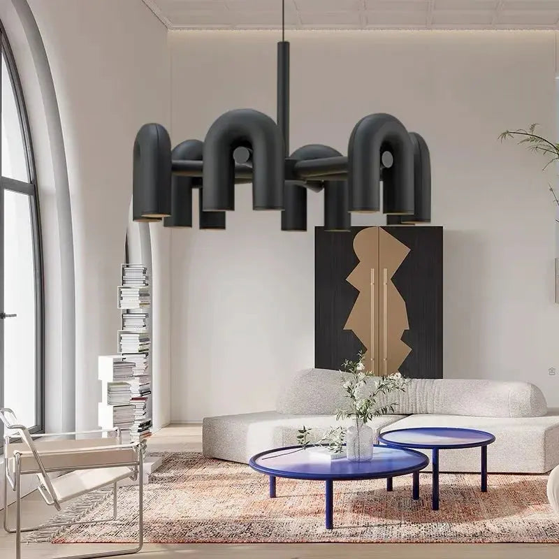 Art Deco Style U-Shaped Chandelier - Black, Orange, Blue, or Grey - Modern Lighting Fixture for Dining Room, Living Room, or Bedroom