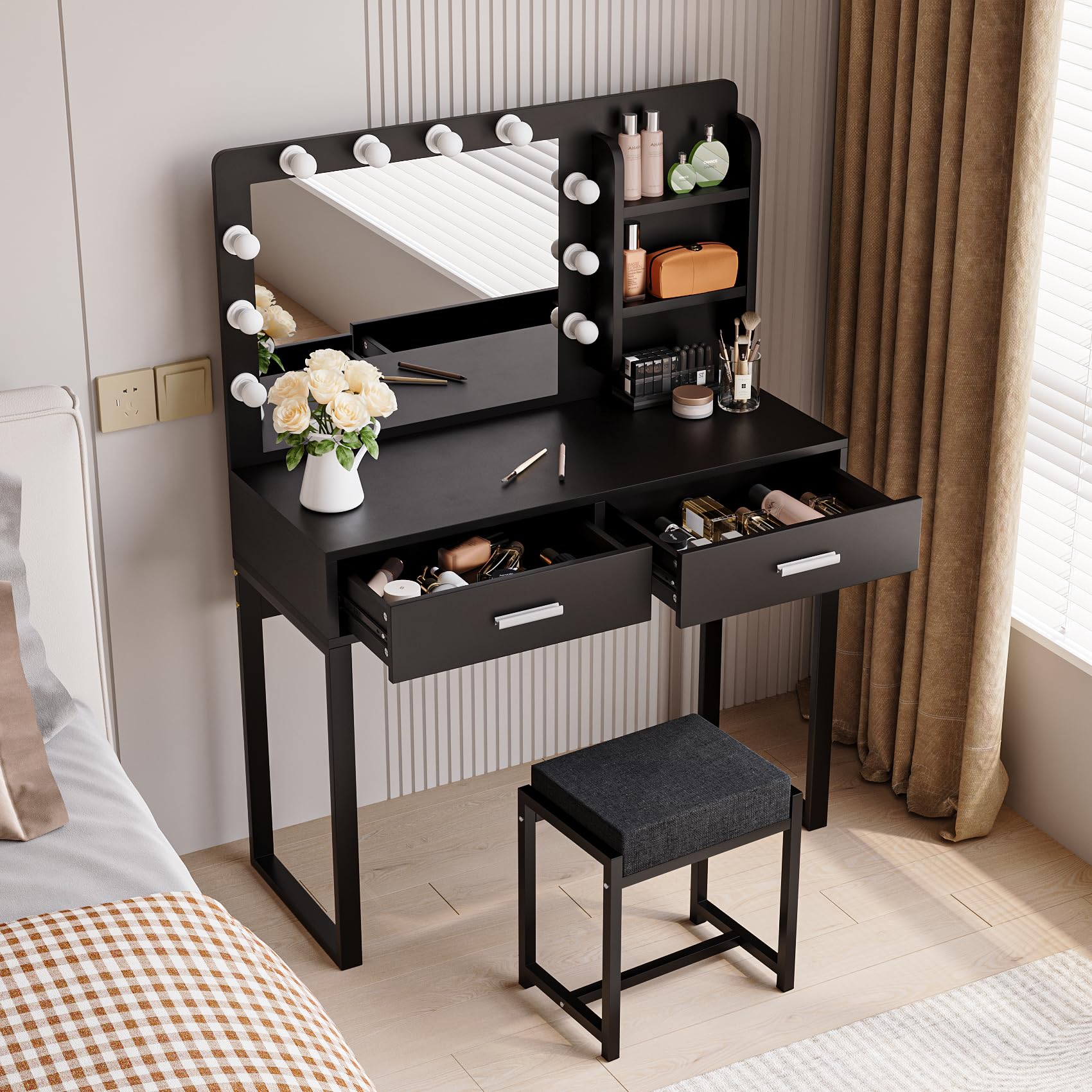 Semiocthome Makeup Vanity Desk with Mirror and LED Lights, Vanity Table with Shelves, 2 Drawers & Sturdy Metal Frame, 3 Lighting Modes & Adjustable Brightness - Dressing Table with Chair for Bedroom, Bathroom & Dorm Room (Black)