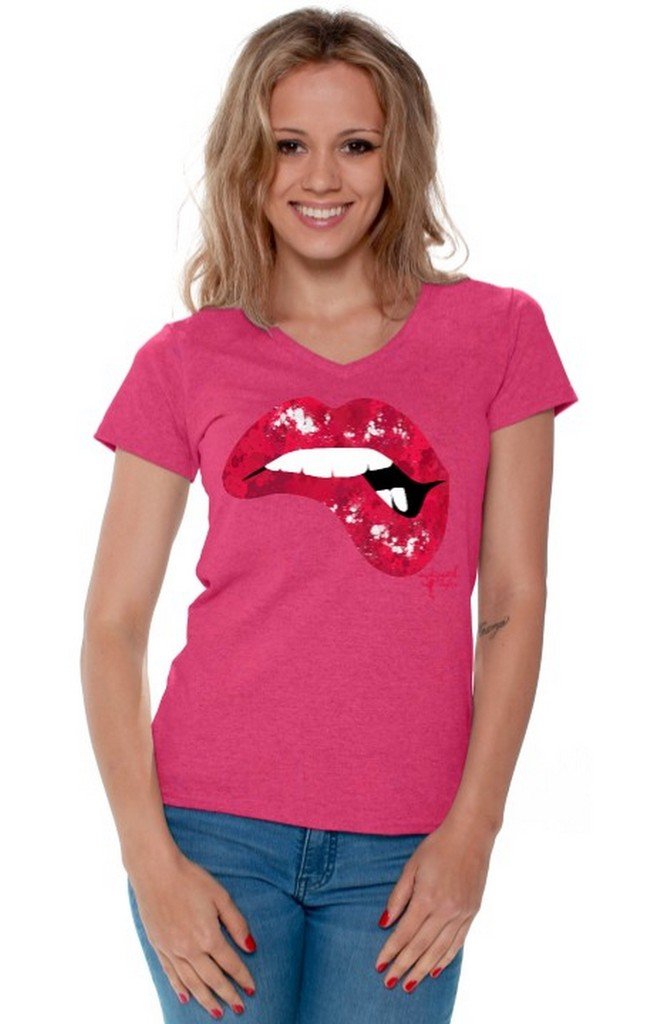 Awkwardstyles Women's V-Neck Lip Bite Graphic Tee - Trendy Funny Lips T-Shirt for Women - Perfect for Casual Wear, Girls Night Out & Date Nights