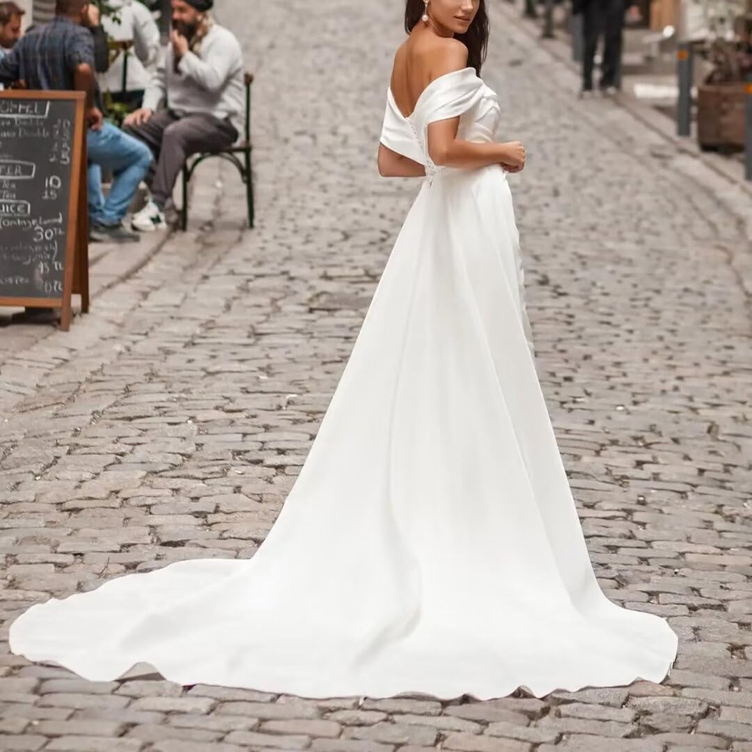 Elegant Mermaid Off Shoulder Wedding Dress for Bride - High Slit Pleats Bridal Gown with Train - Perfect for Beach, Church, and Formal Wedding Ceremonies