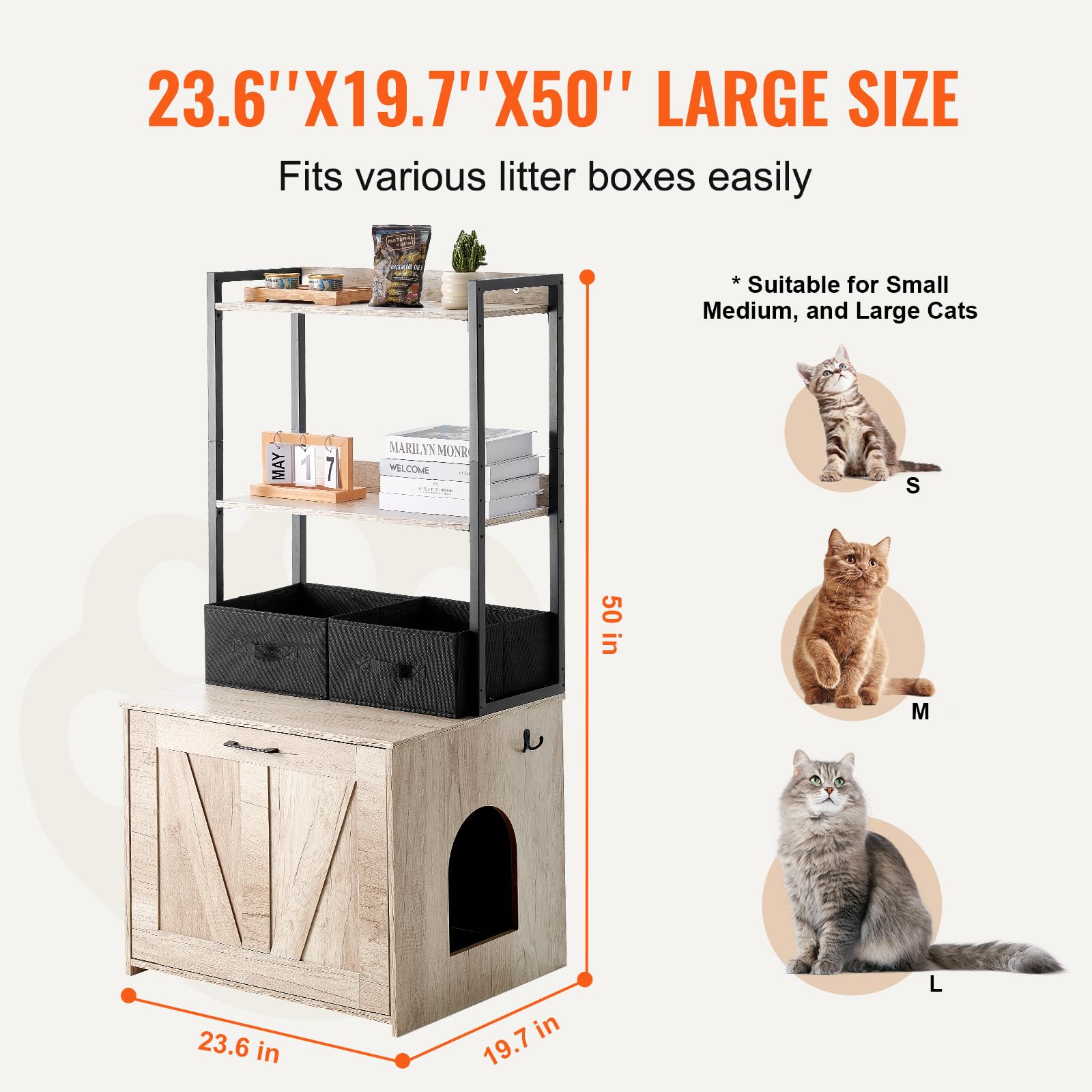 VEVOR Wooden Cat Litter Box Enclosure Furniture with 2 Storage Shelves & Baskets - Hidden Indoor Cat Washroom Cabinet for Large Litter Boxes, 23.6
