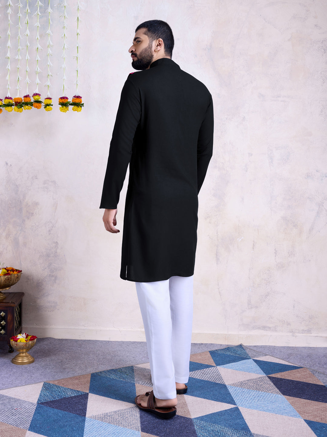 Black Men's Ready-Made Kurta Set with Mirror Thread Embroidery - Traditional Indian Ethnic Wear for Weddings & Festivals
