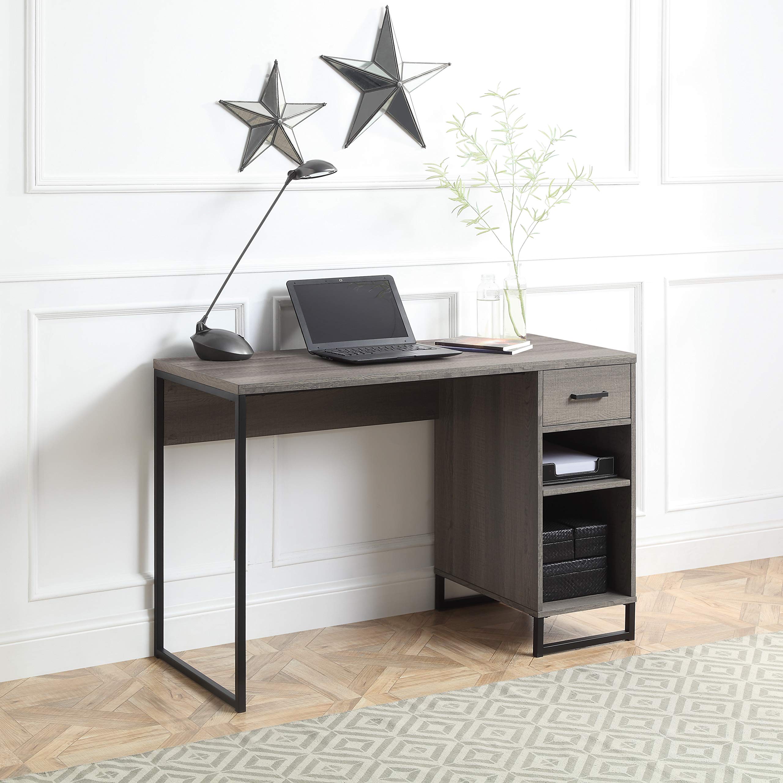 American Farmhouse Oak Wood Desk HGN783-FK - Rustic Home Office Furniture for Study, Work & Writing | Durable Wooden Computer Desk with Vintage Charm