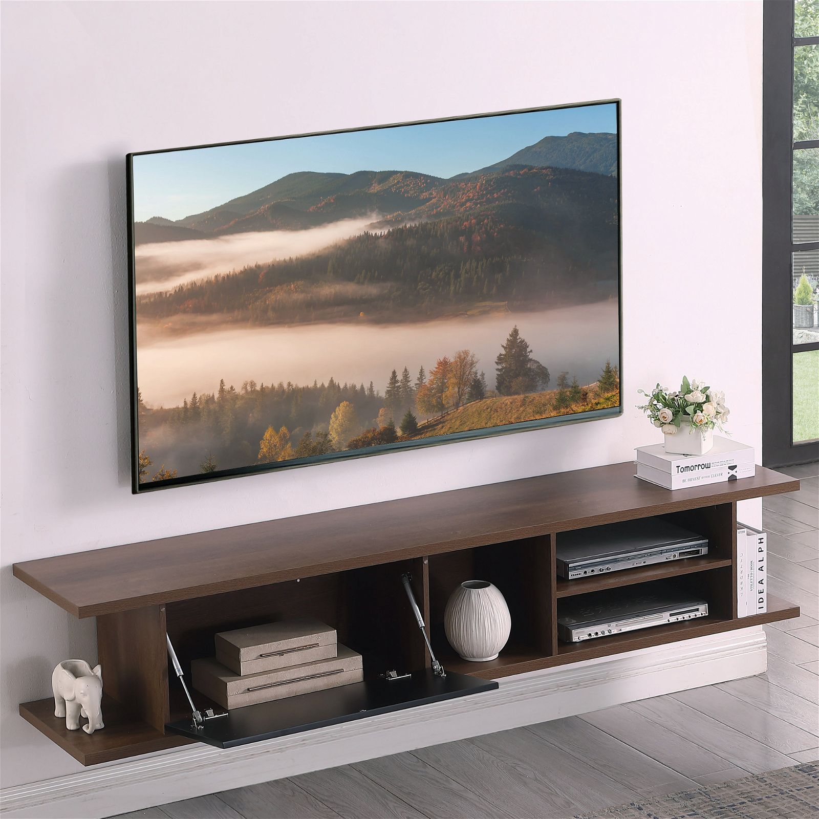 Auldrin 200cm Floating TV Stand Entertainment Center, Wall Mounted TV Console with Storage Shelf - Dark Oak Wood Modern Design by Tauris - Perfect for Living Room, Bedroom & Home Theater Setup
