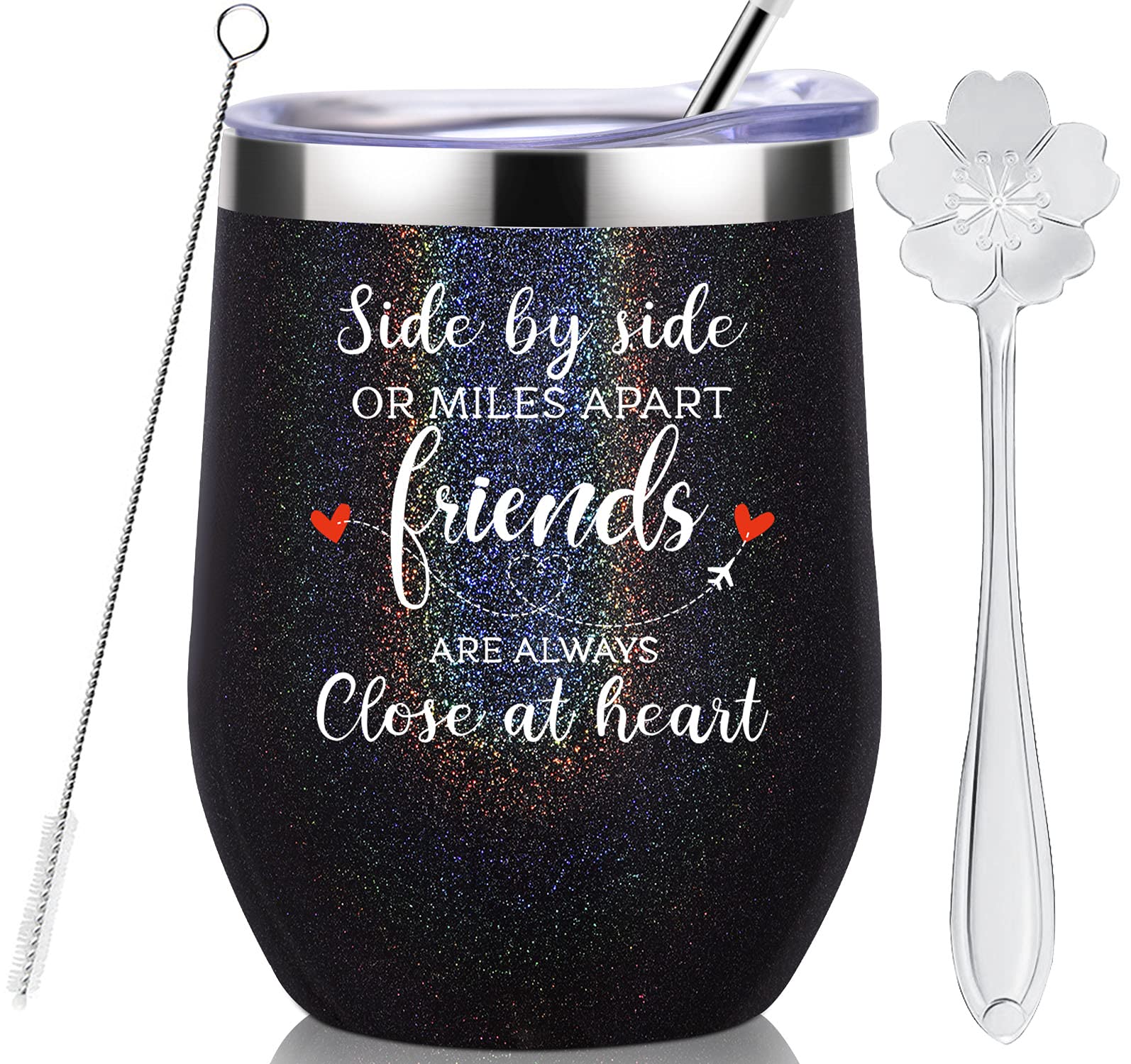 Best Friend Gifts for Women - 12OZ Insulated Wine Tumbler with Straw, Glitter Charcoal Design | Long Distance Friendship Christmas & Birthday Present | Perfect for Coffee, Tea, or Wine - Great for Office, Home, or Travel Use