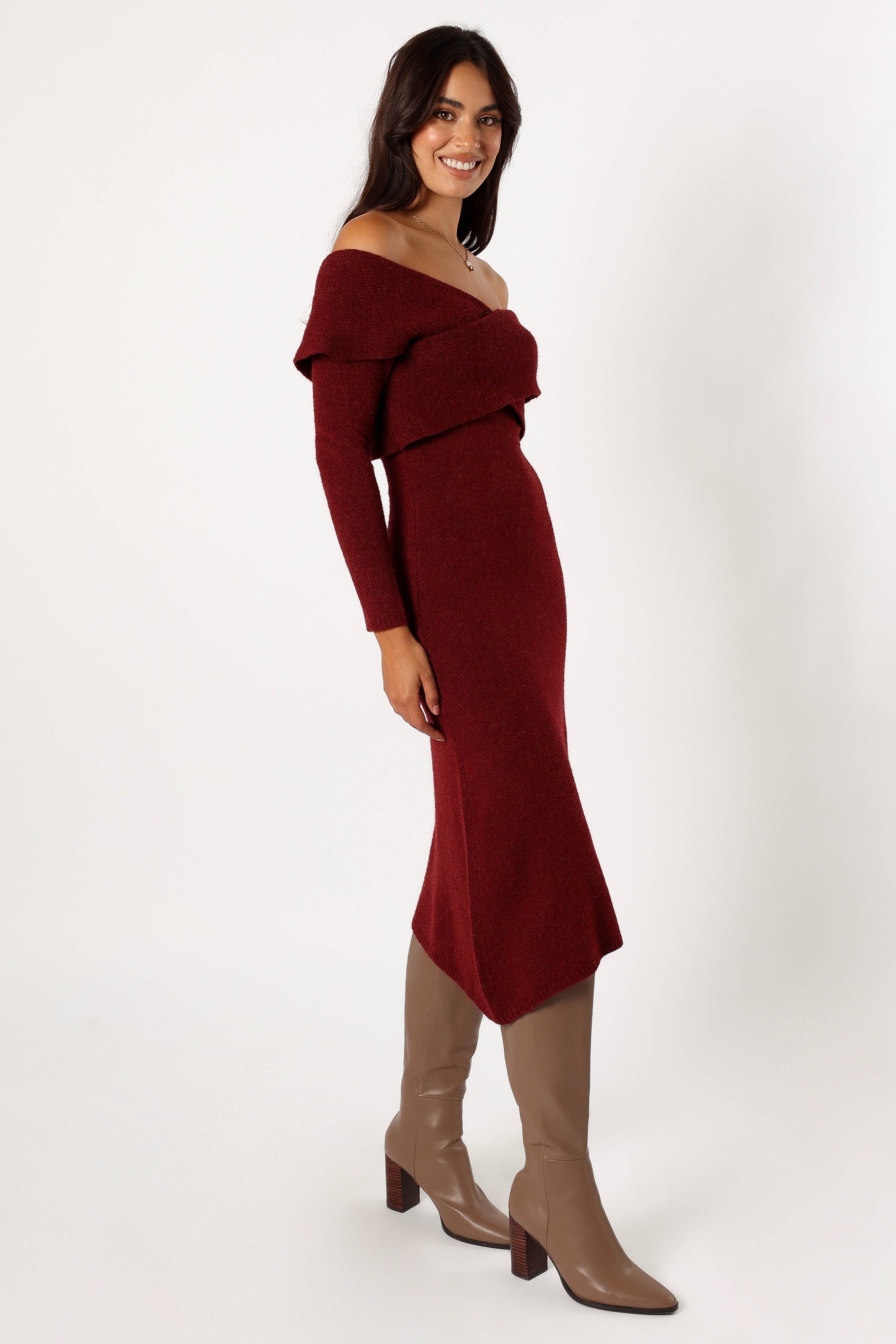 Deena Off Shoulder Midi Dress for Women - Flowy Summer Dress in Red, Perfect for Beach Vacation, Date Night & Casual Outings