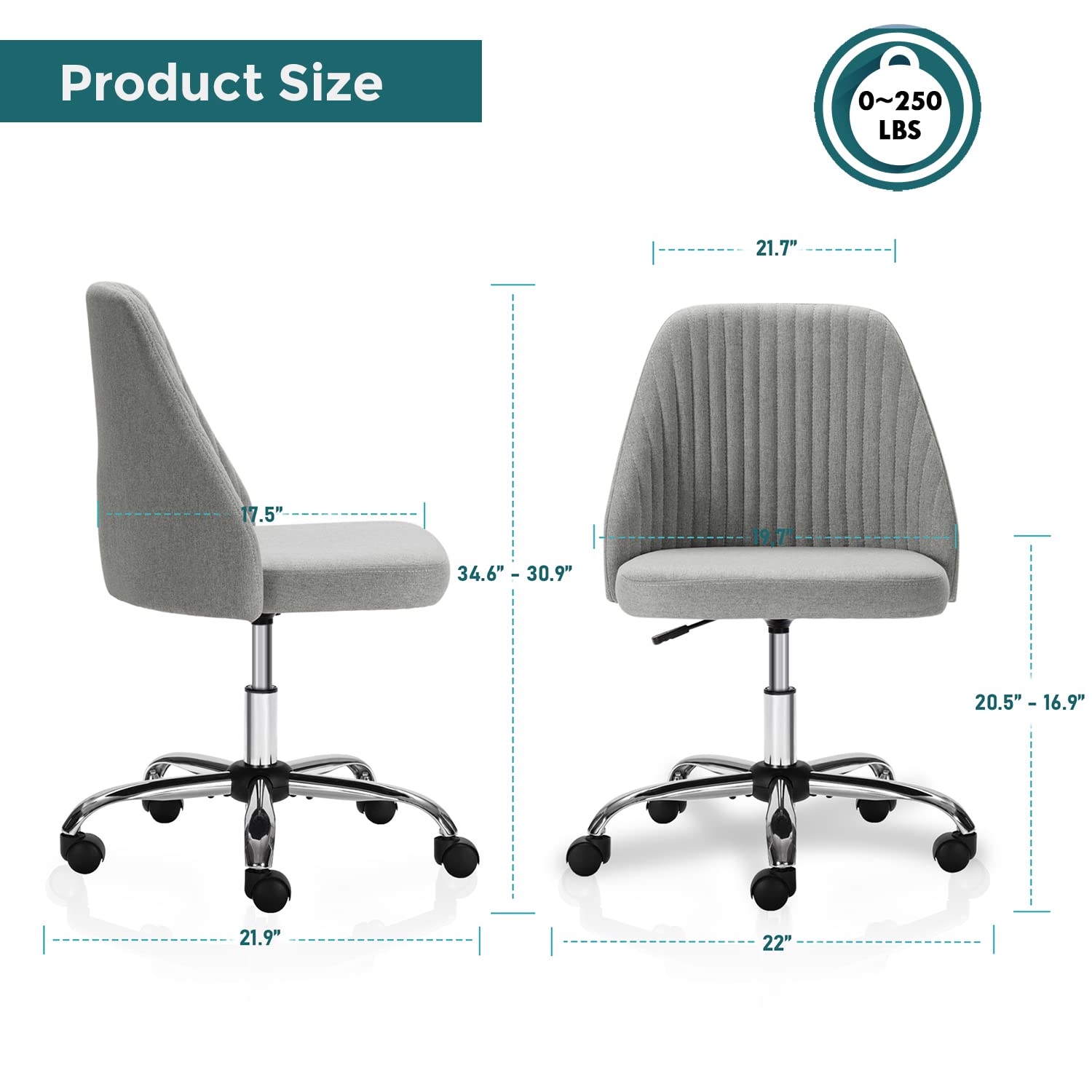 Ergonomic SMUG Home Office Desk Chair - Adjustable Rolling Task Chair with Wheels, Armless Computer Chair for Bedroom, Living Room & Makeup Vanity | Perfect for Remote Work, Gaming & Study Sessions