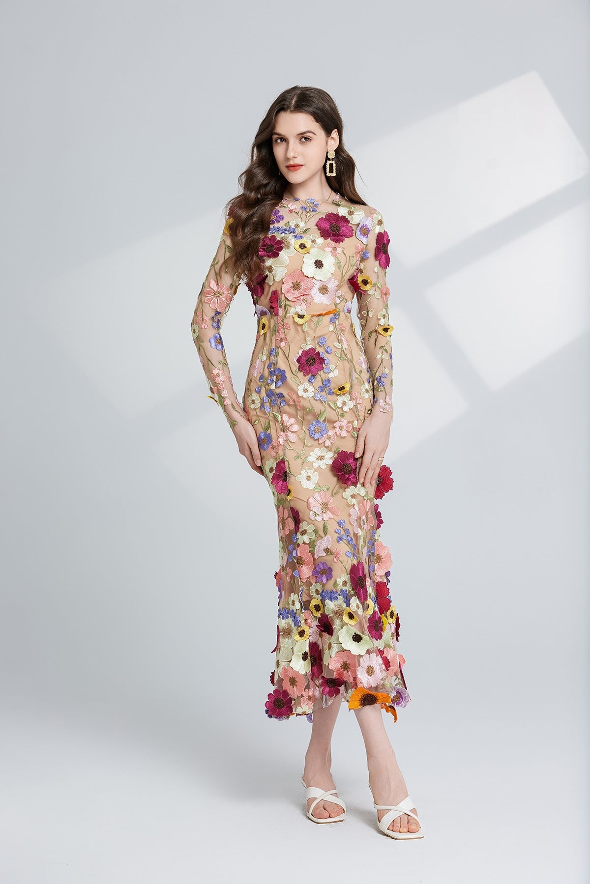 CAROL Brown Floral Embroidered Mesh Long Sleeve Midi Dress for Women - Elegant Party, Wedding Guest & Spring Occasion Wear