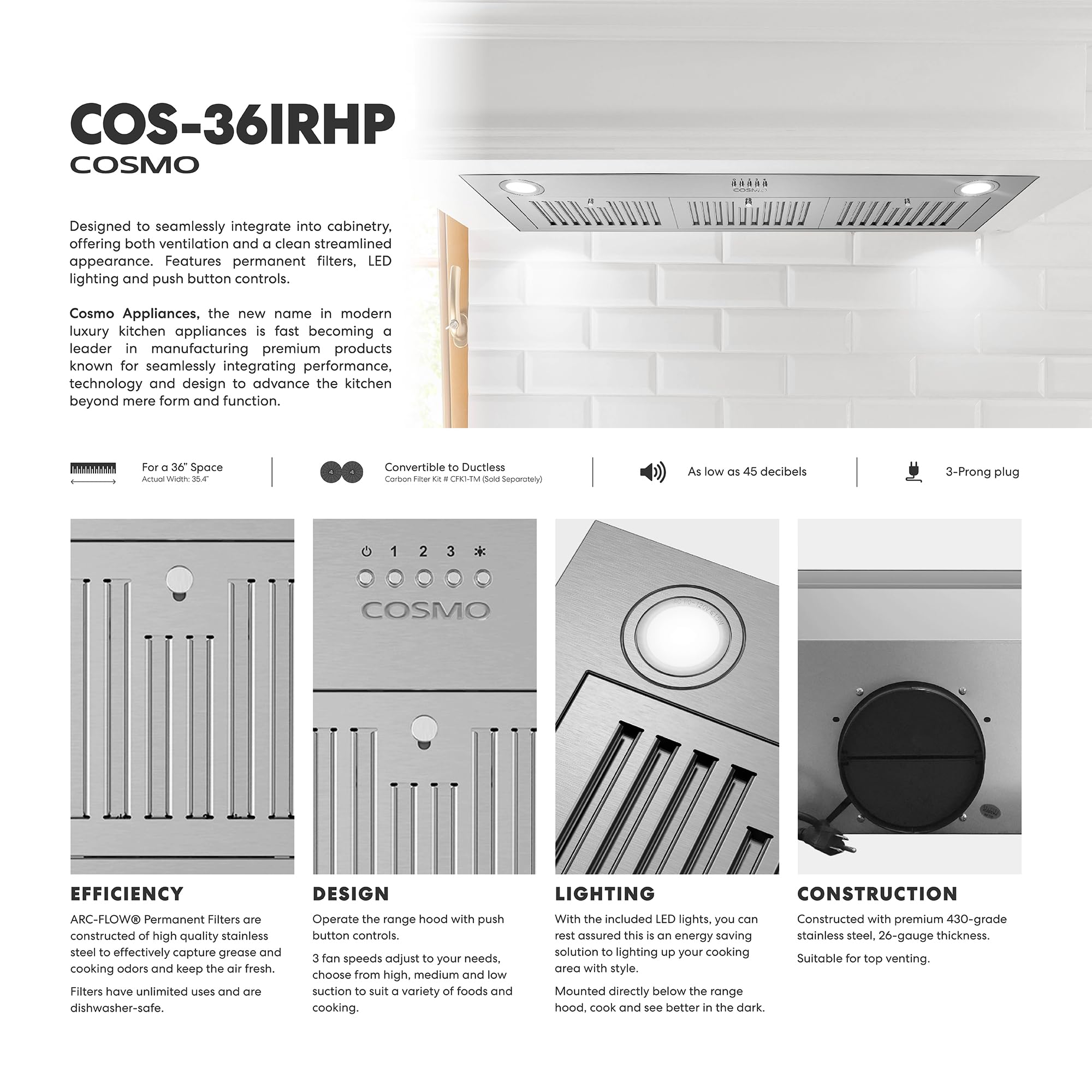 COSMO COS-36IRHP 36-Inch Stainless Steel Ducted Insert Range Hood - 380 CFM, LED Lights & Button Controls | Lumin Collection | Ideal for Modern Kitchens & High-Performance Cooking