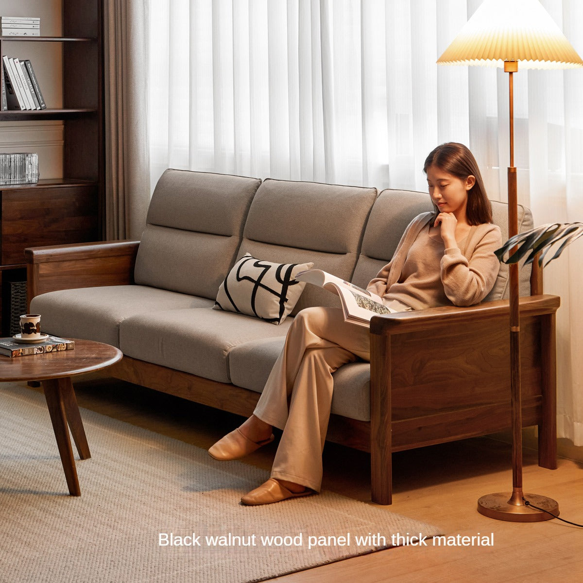 Premium Black Walnut Solid Wood Upholstered Fabric Sofa - Modern Living Room Furniture for Home & Office Comfort